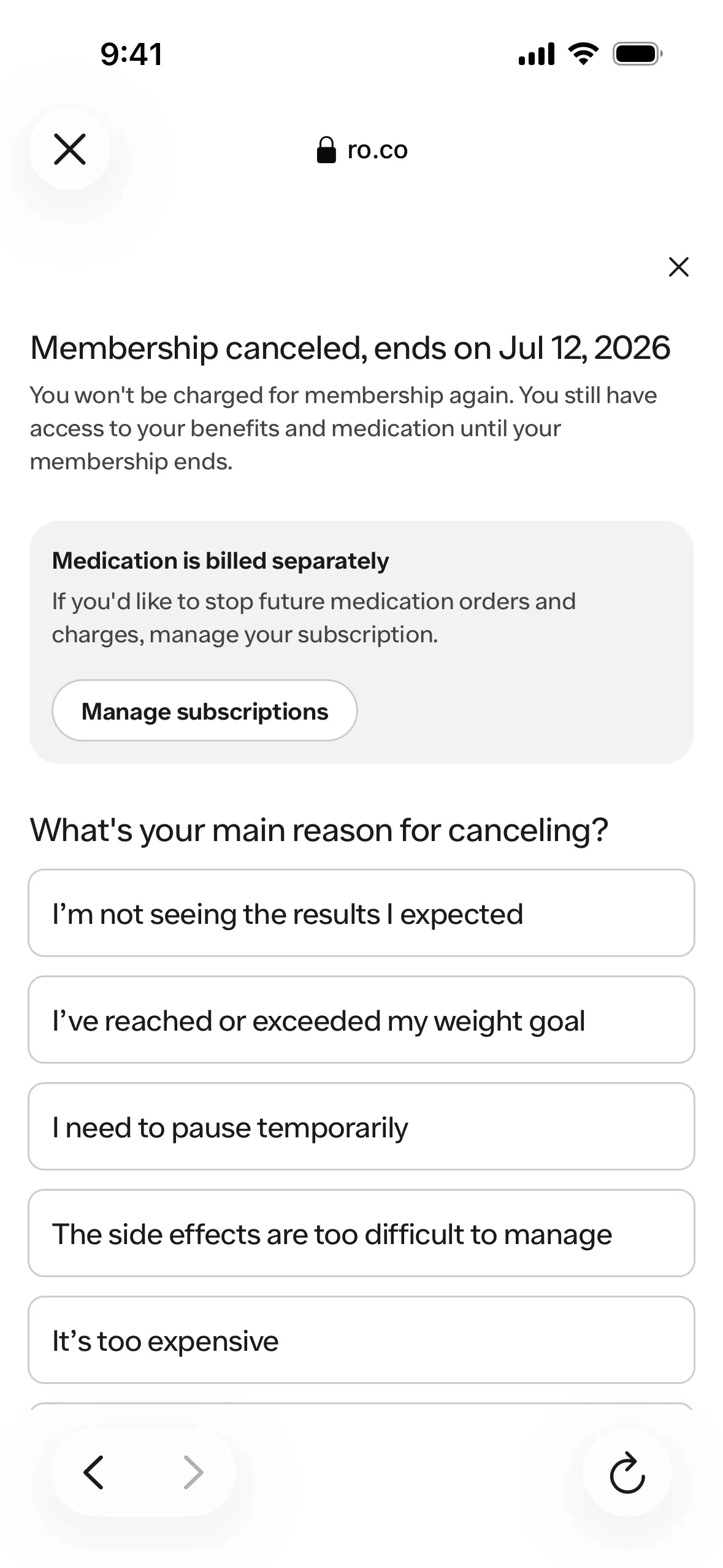 Ro confirmation reading Membership canceled, ends on Jul 12, 2026 and You won't be charged for membership again, a Medication is billed separately box with a Manage subscriptions button, and the What's your main reason for canceling? question below