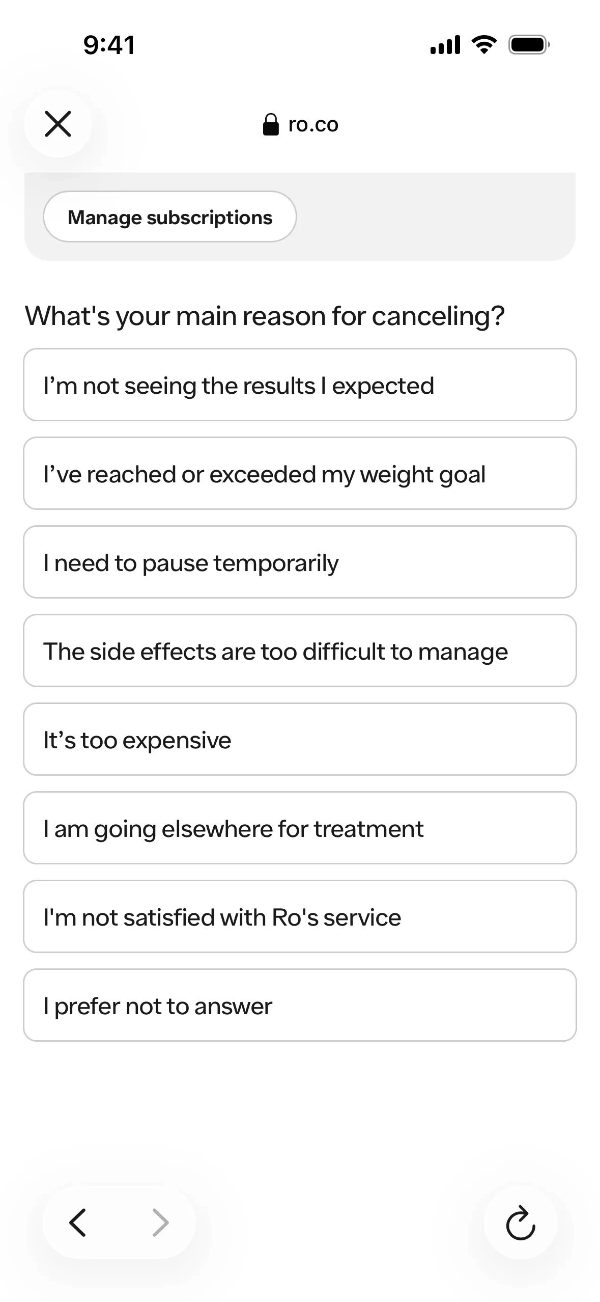 Ro What's your main reason for canceling? list with eight options including I need to pause temporarily, It's too expensive, I am going elsewhere for treatment and I prefer not to answer