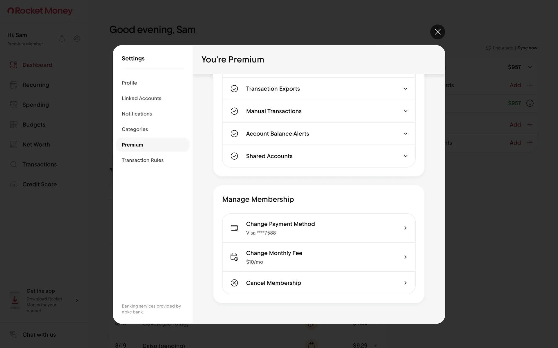 Rocket Money Settings Premium tab with the Manage Membership card showing Change Payment Method, Change Monthly Fee $10/mo, and Cancel Membership