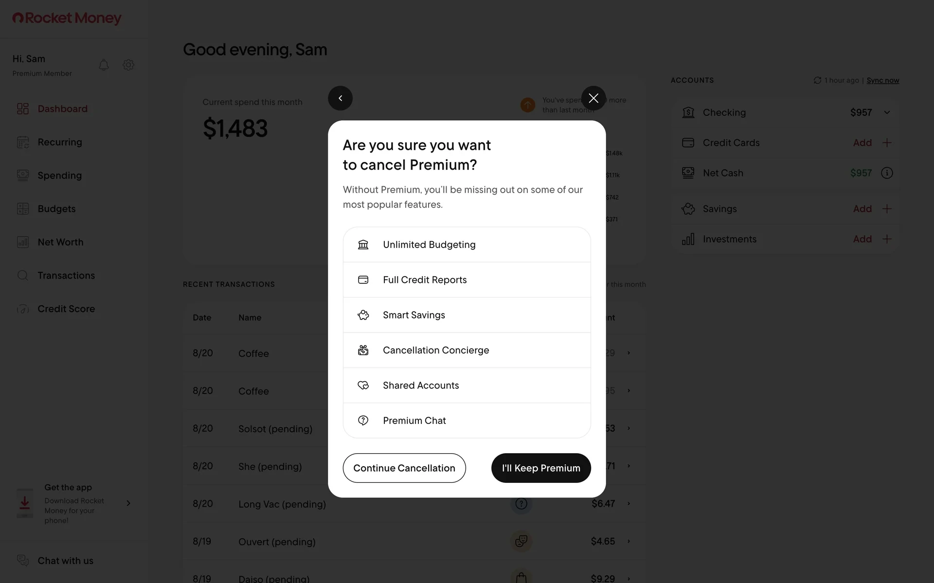 Are you sure you want to cancel Premium modal listing lost features with Continue Cancellation and I'll Keep Premium buttons