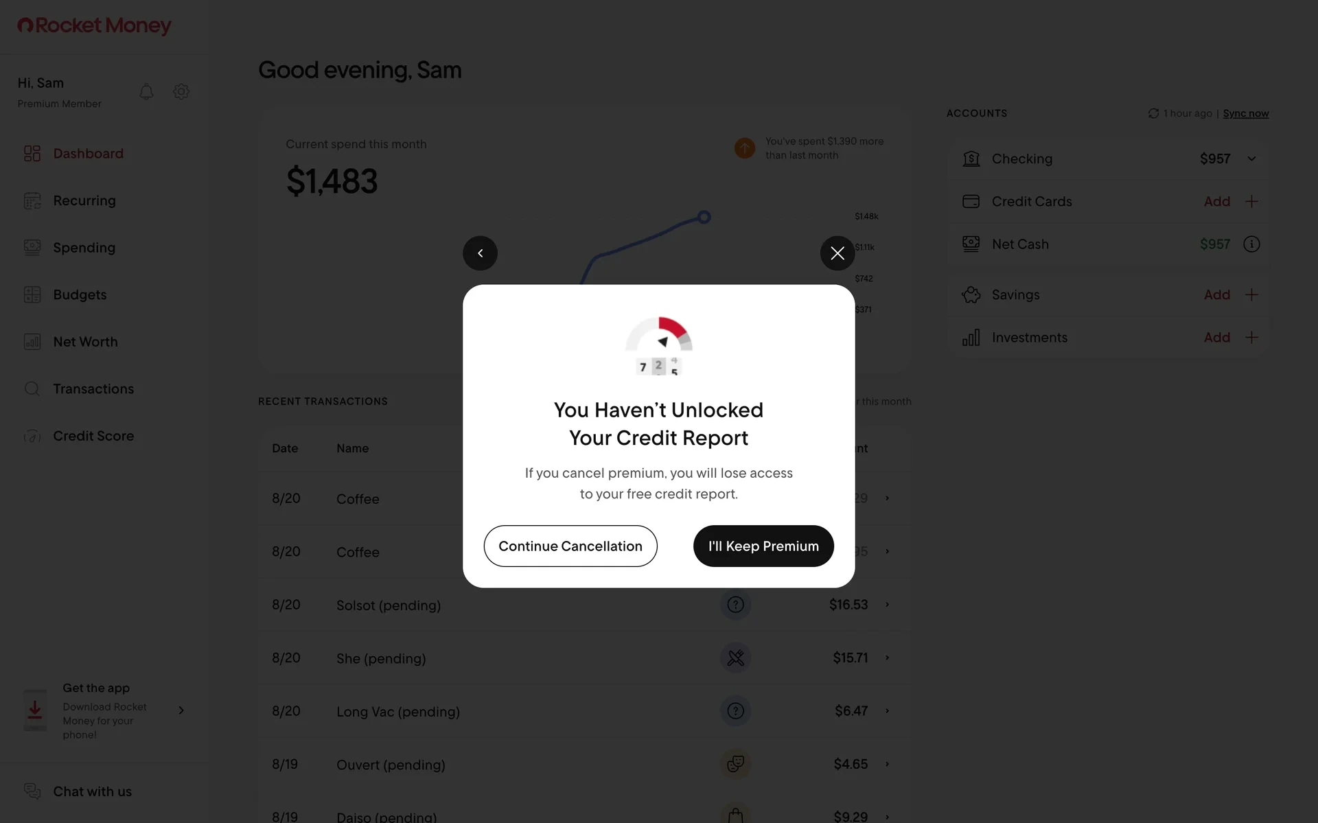 Credit report retention screen warning you will lose access to your free credit report, with Continue Cancellation and I'll Keep Premium buttons
