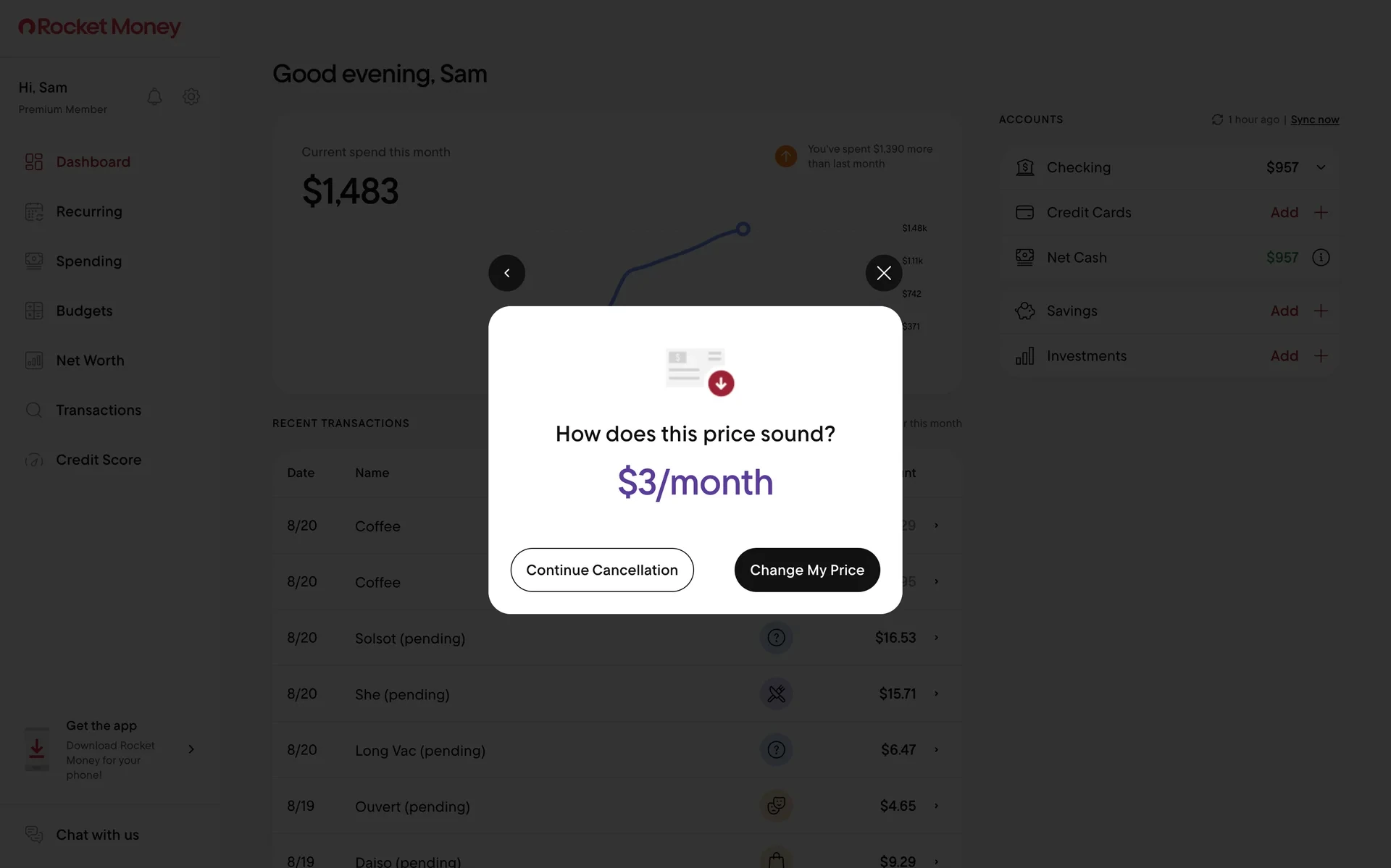 Rocket Money downsell screen offering $3 per month with Continue Cancellation and Change My Price buttons