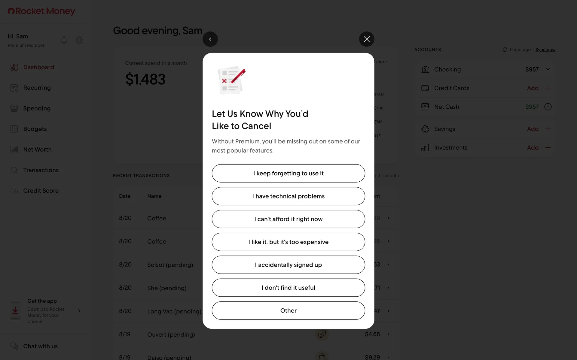 Let Us Know Why You'd Like to Cancel screen with seven reason buttons including I keep forgetting to use it and Other