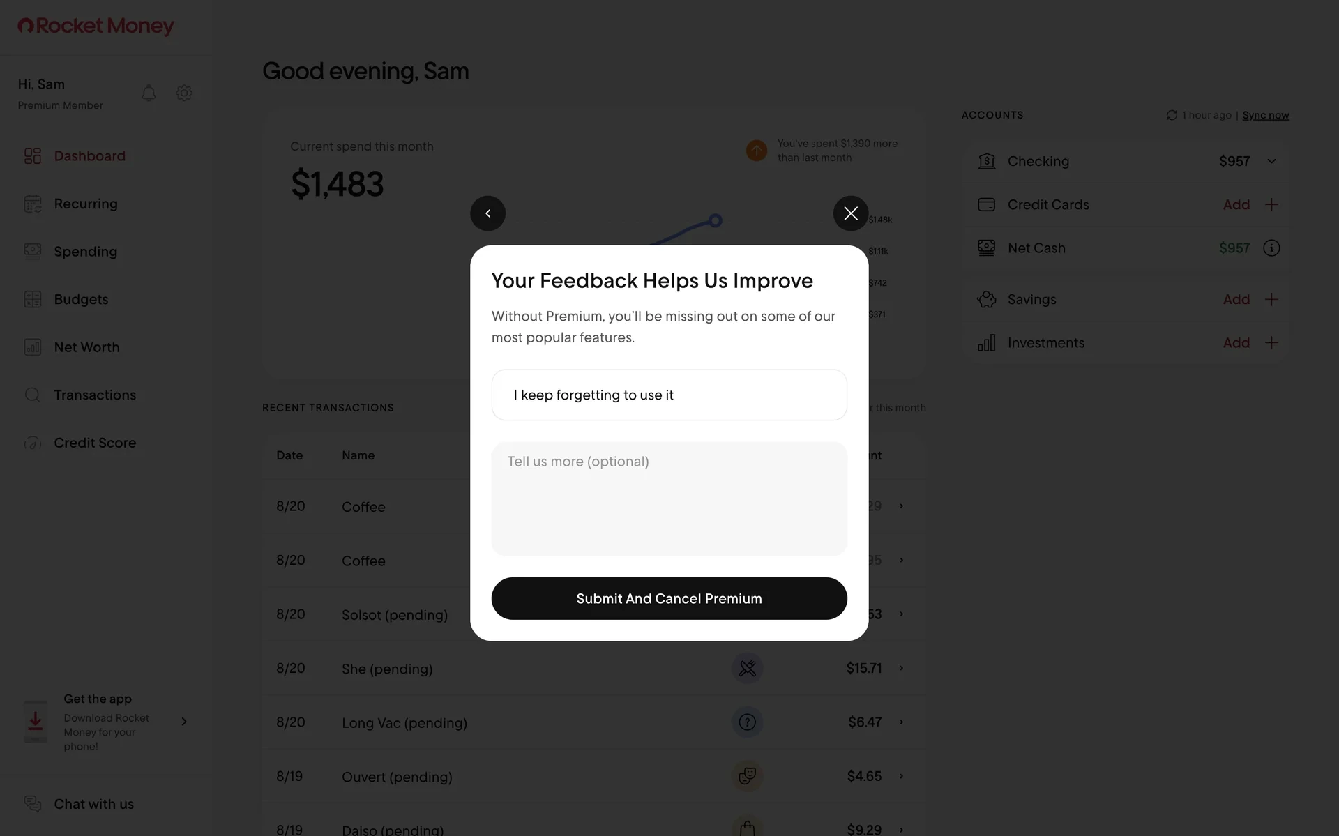 Your Feedback Helps Us Improve screen with the selected reason, an optional comment box, and the Submit And Cancel Premium button