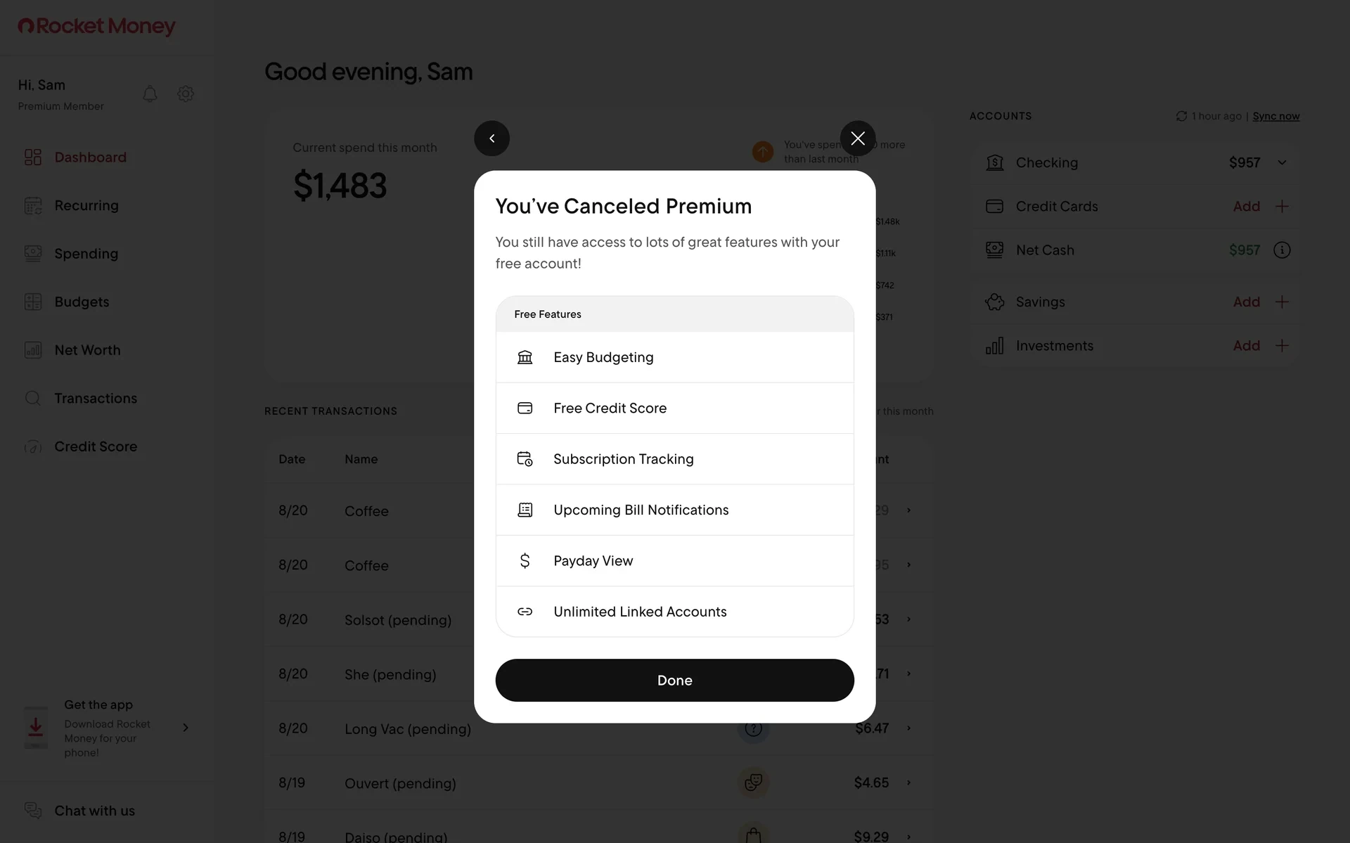 You've Canceled Premium confirmation listing retained free features with a Done button