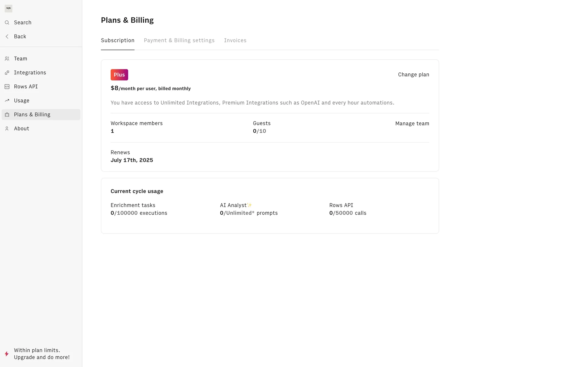 Rows Plans & Billing page showing the Plus plan at $8/month per user, the renewal date, and the Change plan link