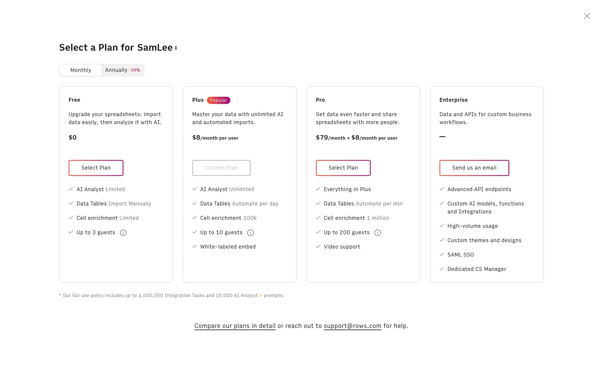 Rows Select a Plan window showing Free, Plus (marked Popular / Current Plan), Pro, and Enterprise cards with a Monthly/Annually toggle