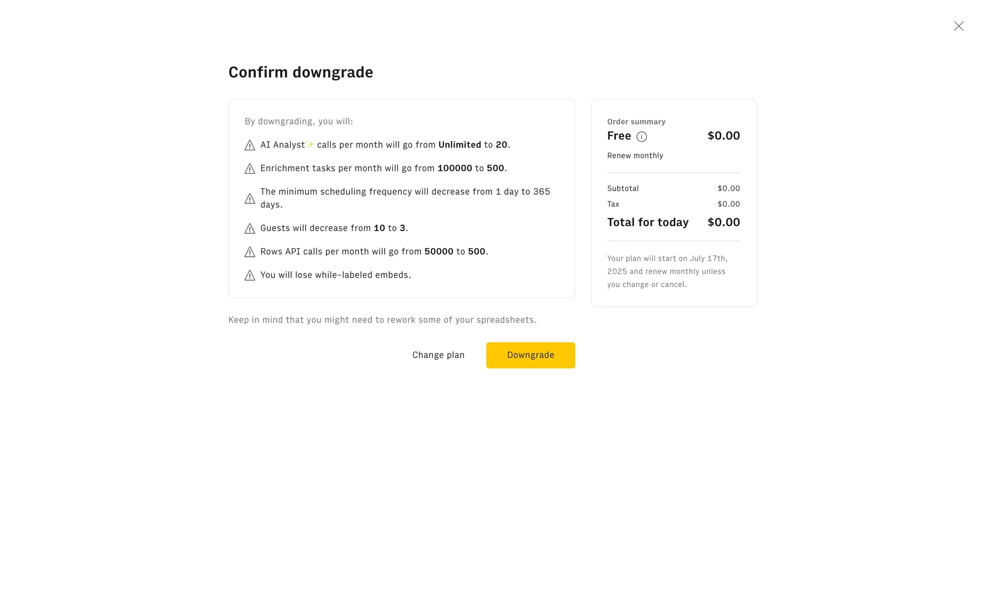 Rows Confirm downgrade screen listing the feature reductions on the Free plan with a $0.00 order summary and a yellow Downgrade button