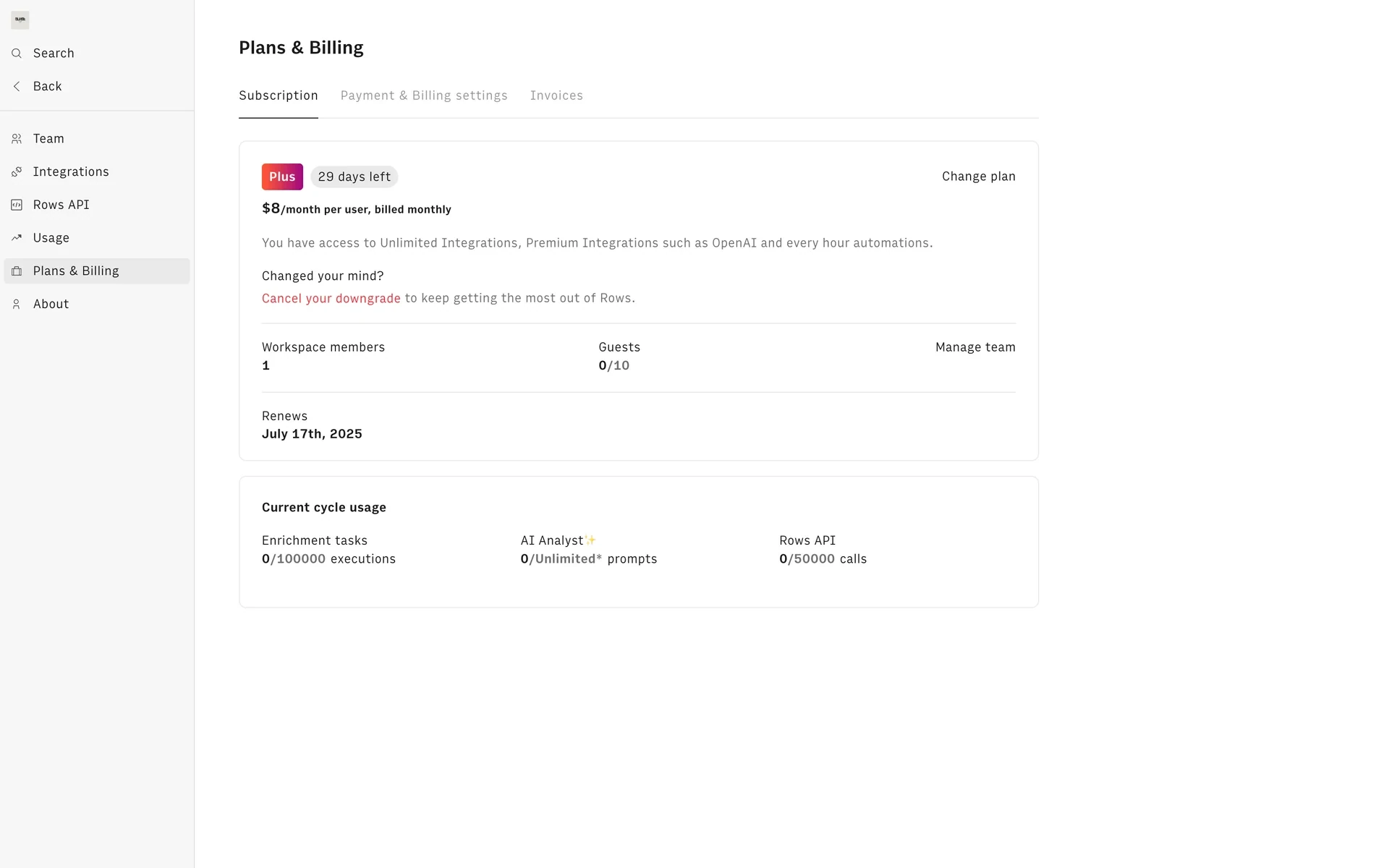 Rows Plans & Billing page after downgrade showing a days-left badge, a Cancel your downgrade link, and a Downgrade scheduled confirmation toast