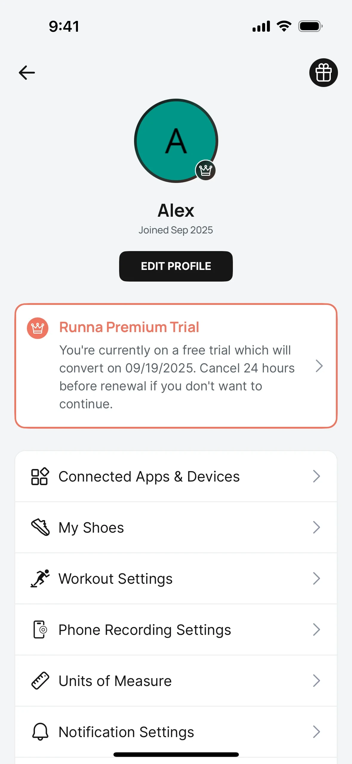 Runna Profile screen for Alex showing a Runna Premium Trial orange status card that notes the free trial will convert on a listed date and to cancel 24 hours before renewal