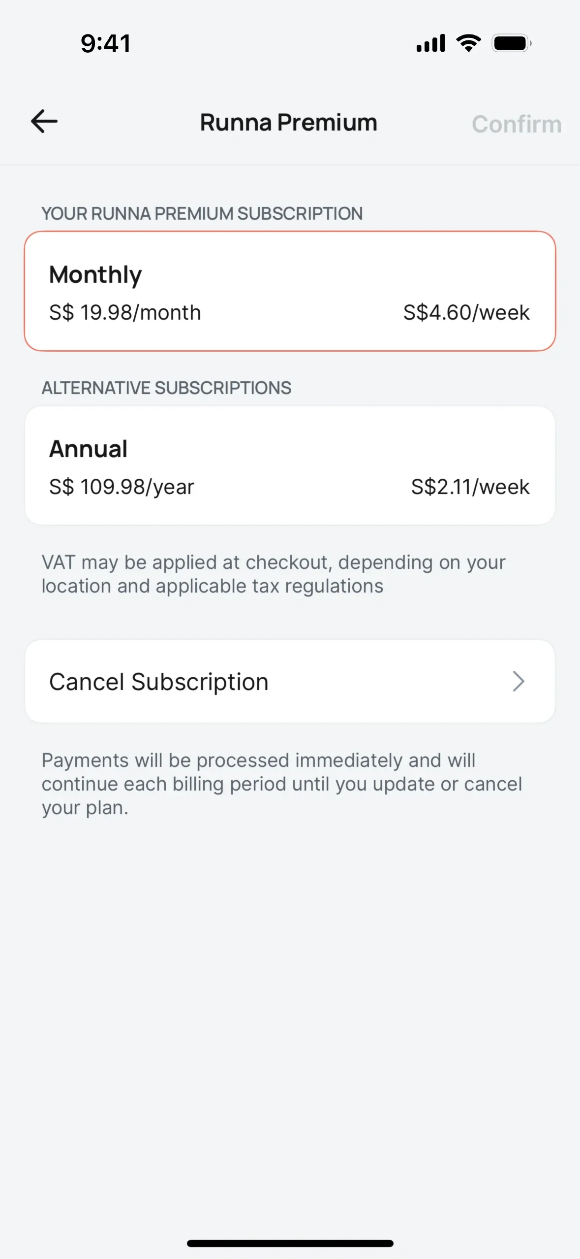 Runna Premium screen showing a selected Monthly plan card, an Annual alternative plan card, VAT note, and a Cancel Subscription button with a chevron