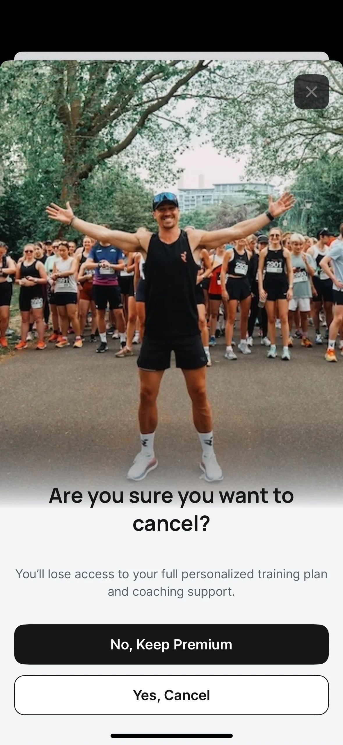 Runna cancel confirmation with Are you sure you want to cancel heading, warning about losing personalized training plan and coaching support, a black No Keep Premium button, and a bordered Yes Cancel button