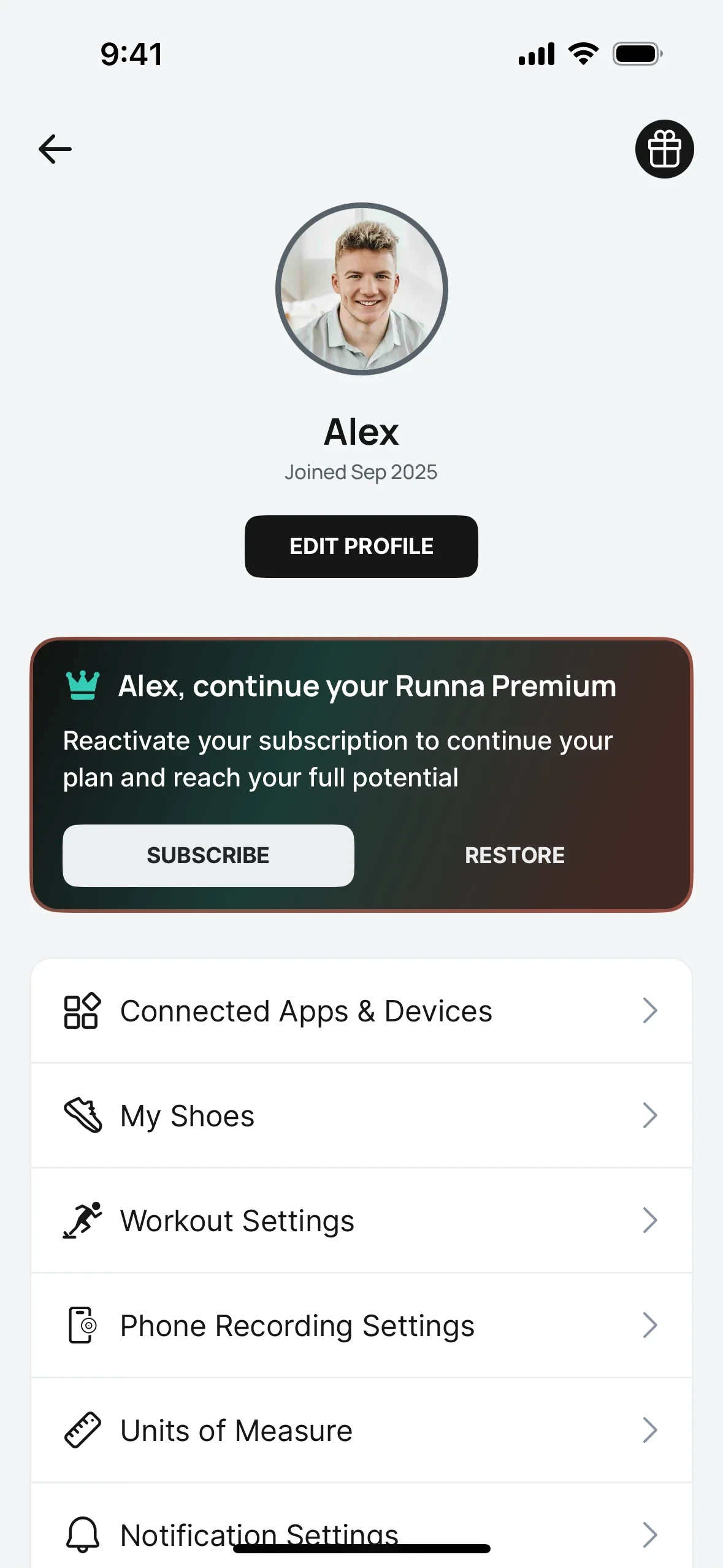 Runna Profile after cancel showing a dark continue your Runna Premium banner with SUBSCRIBE and RESTORE controls above the Connected Apps and settings list