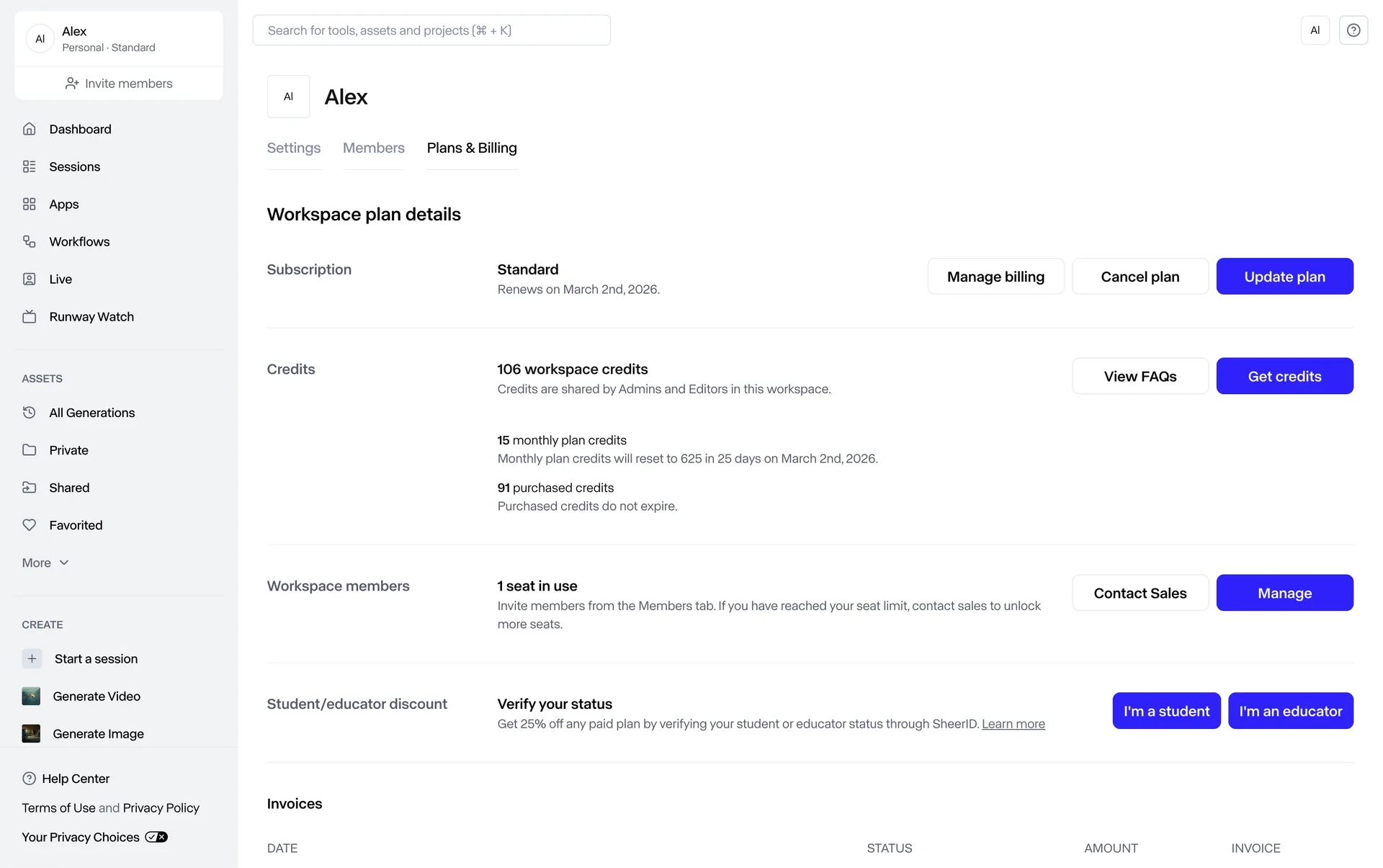 Runway Plans & Billing page showing a Standard subscription that renews March 2nd with Manage billing, Cancel plan, and Update plan buttons