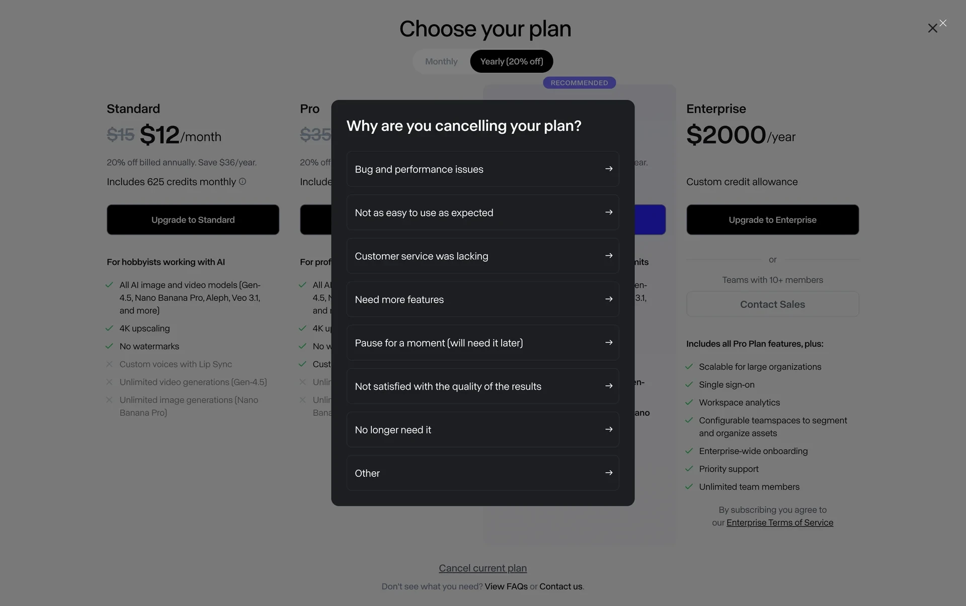 Runway cancellation reason dialog titled "Why are you cancelling your plan?" with options including Bug and performance issues, Need more features, No longer need it, and Other