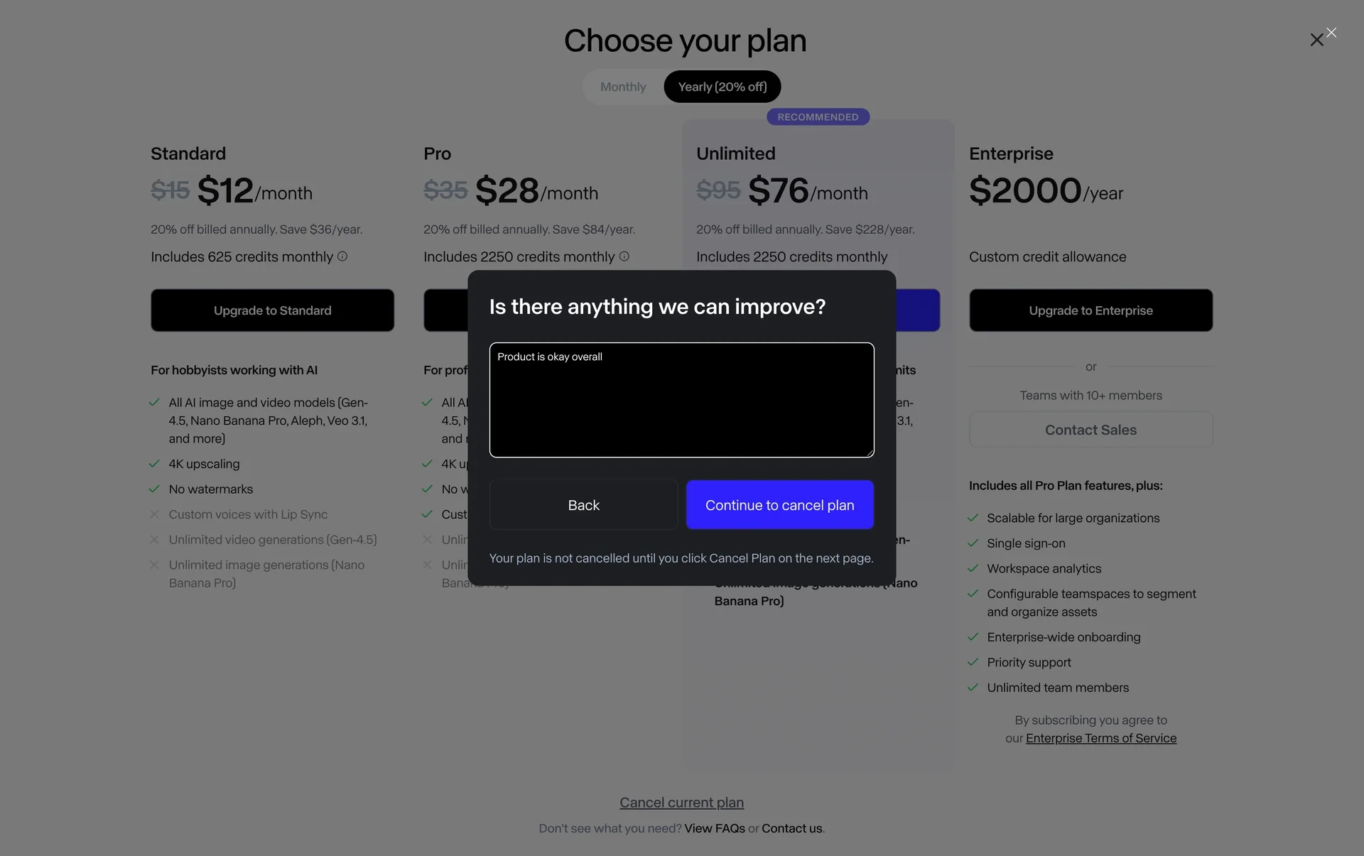 Runway feedback dialog with "Product is okay overall" typed in the box and the Continue to cancel plan button ready to hand off to Stripe