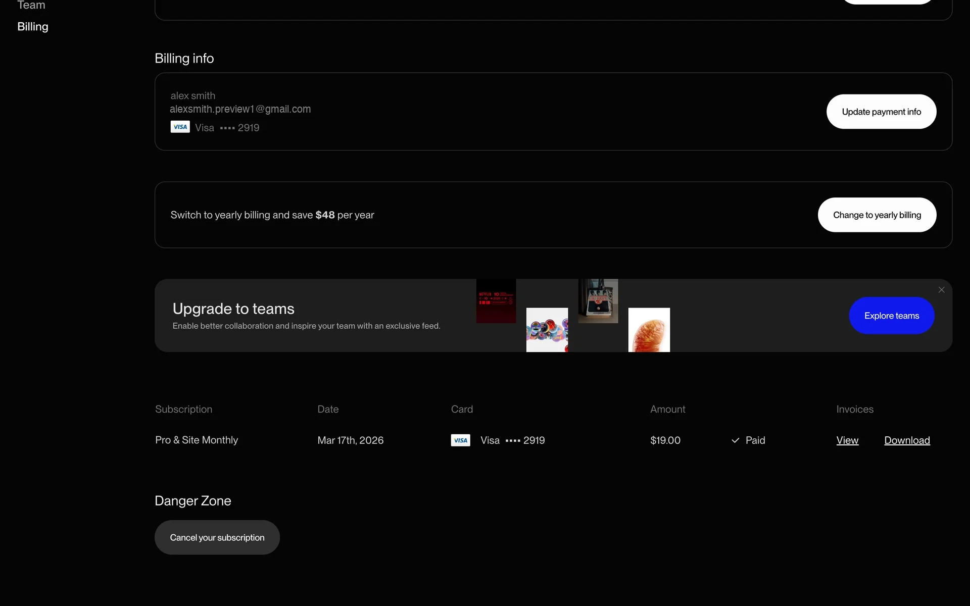 Savee Billing page showing billing info, a Switch to yearly billing prompt, and a Danger Zone with the Cancel your subscription button
