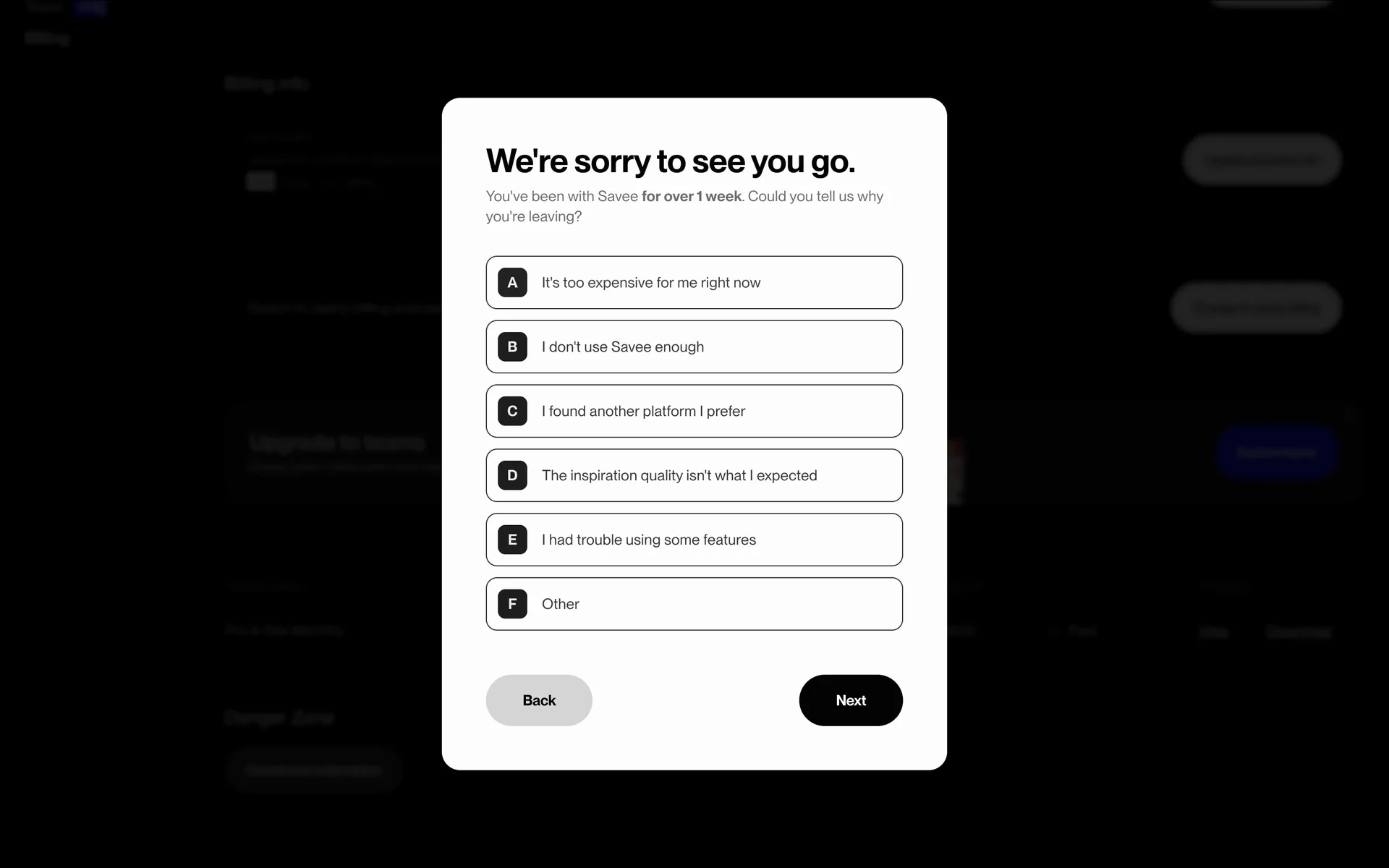 Savee cancellation survey titled We're sorry to see you go with six radio options and Back and Next buttons