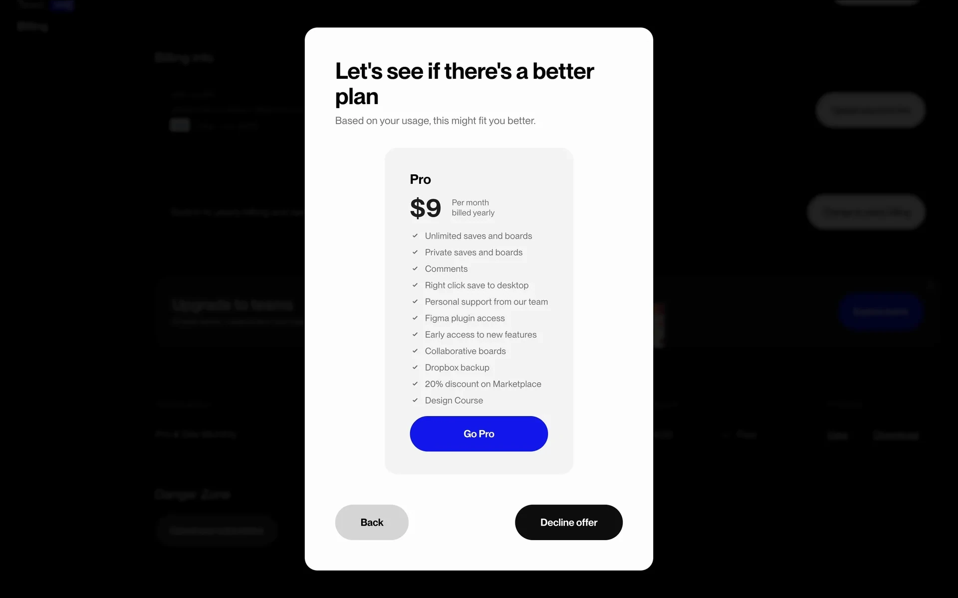 Savee downsell screen offering the Pro plan at $9 per month billed yearly with Go Pro and Decline offer buttons