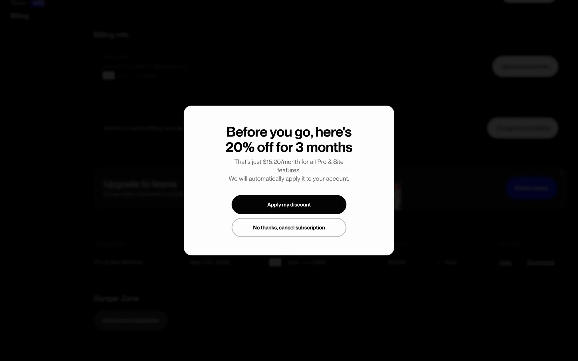 Savee retention modal offering 20% off for 3 months with Apply my discount and No thanks cancel subscription buttons