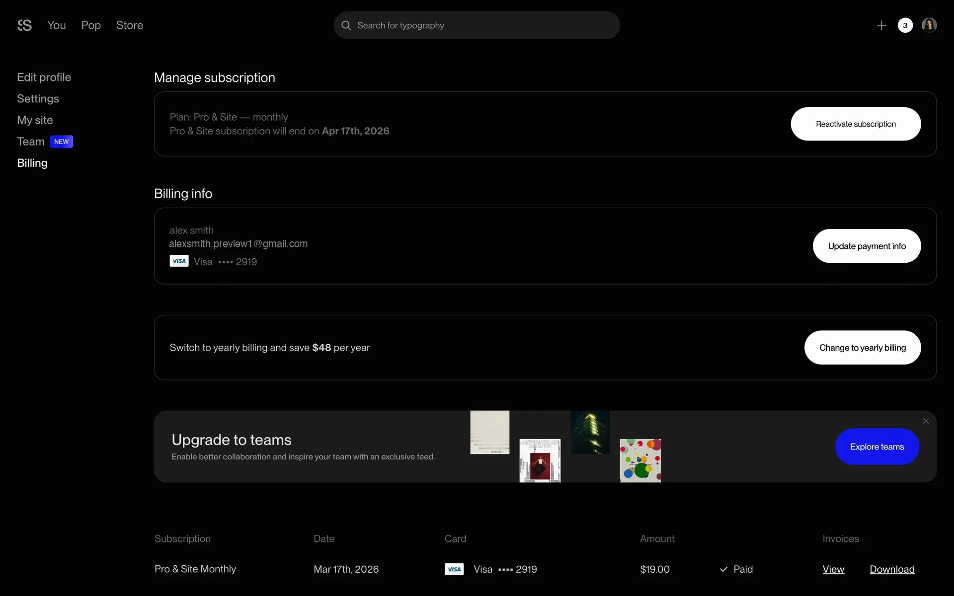 Savee Manage subscription page showing the plan will end on a date with a Reactivate subscription button