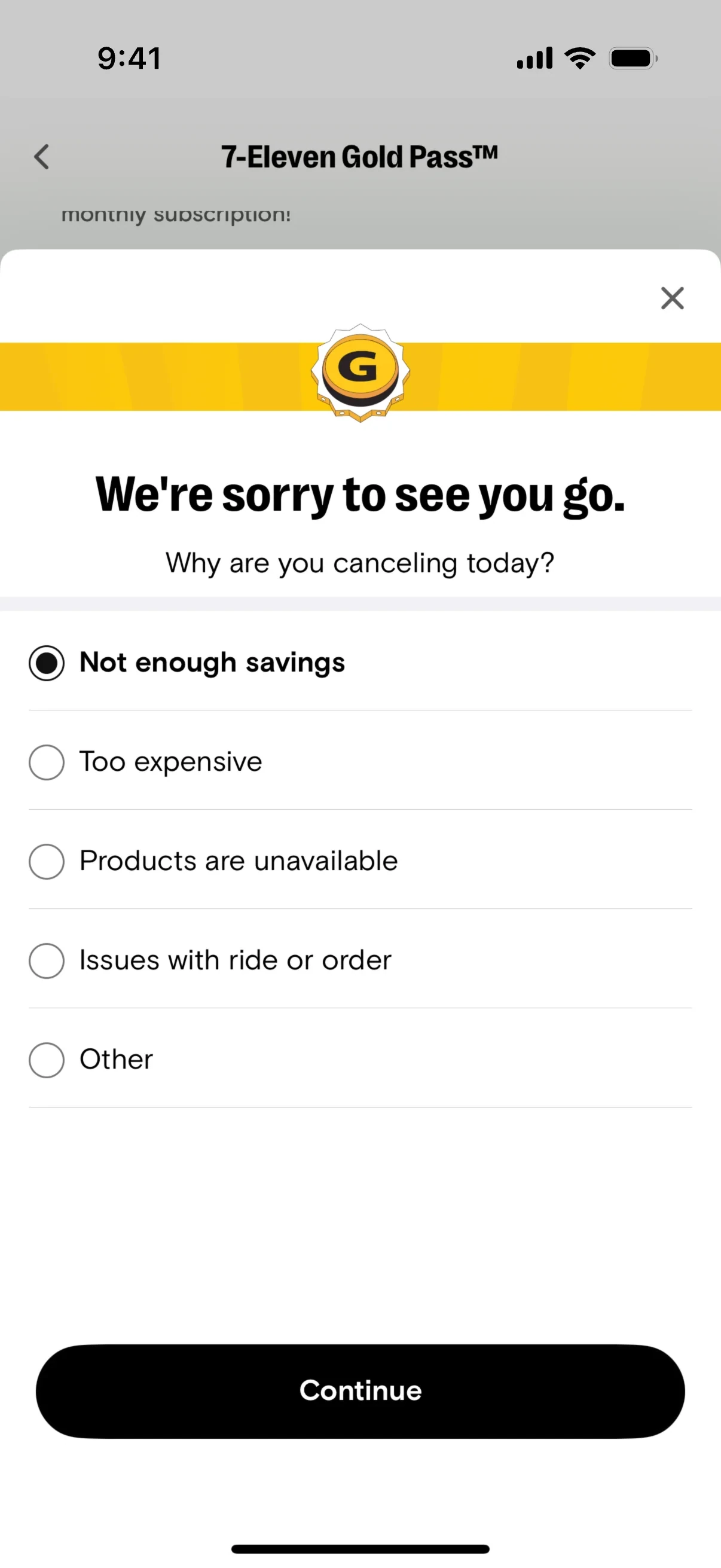 Cancellation survey modal with a yellow Gold Pass G badge, headline We're sorry to see you go, Not enough savings selected among five radio reasons, and an active black Continue button
