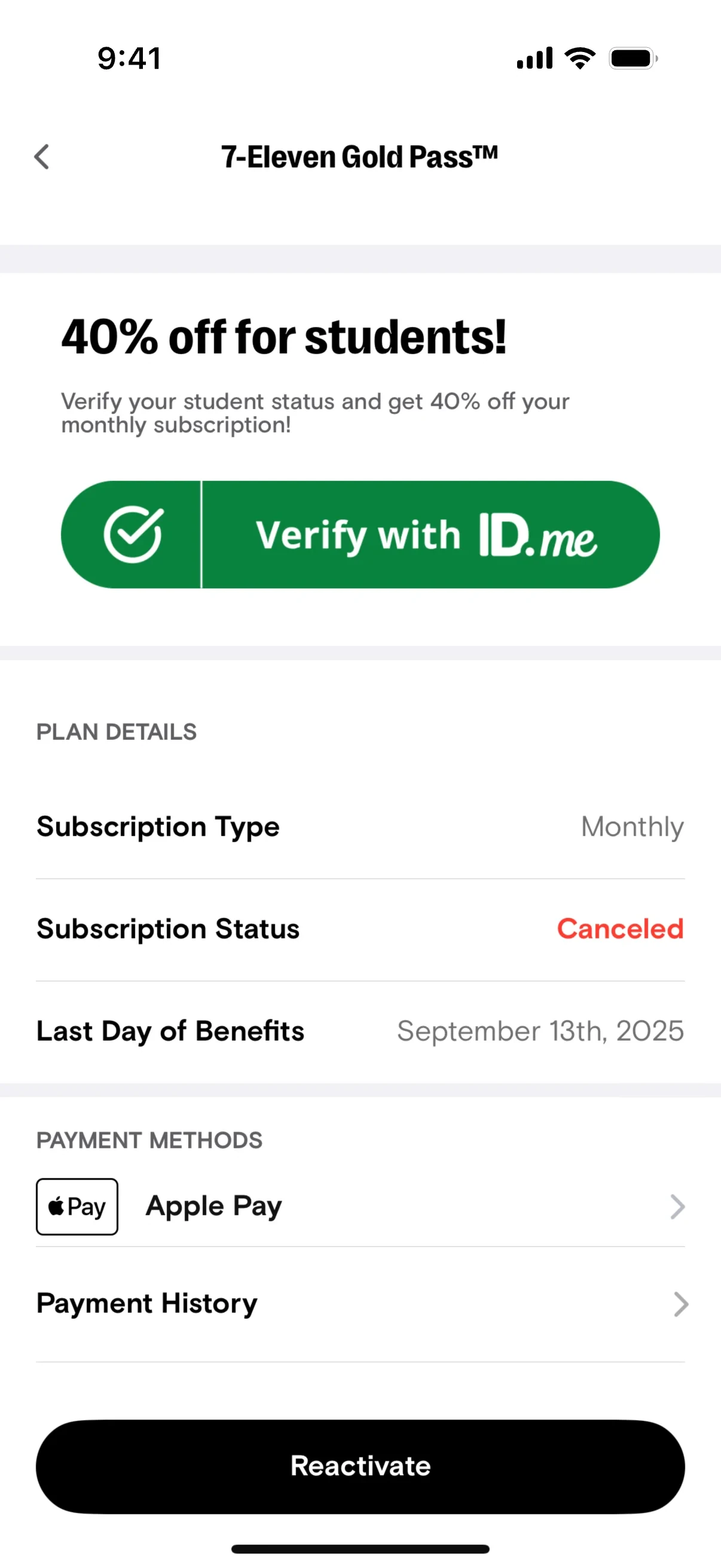 Gold Pass hub after cancel with Subscription Status Canceled in red, Last Day of Benefits September 13th 2025, Apple Pay row, and a black Reactivate button at the bottom