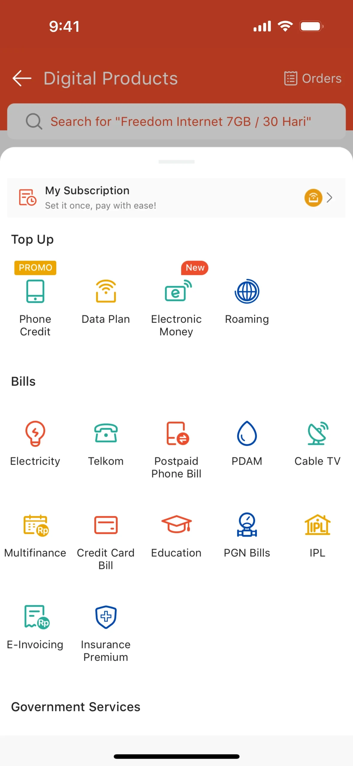 Shopee Digital Products screen with a My Subscription row reading Set it once, pay with ease!, a search chip for Freedom Internet 7GB / 30 Hari, and grids for Top Up, Billings, and Government Services