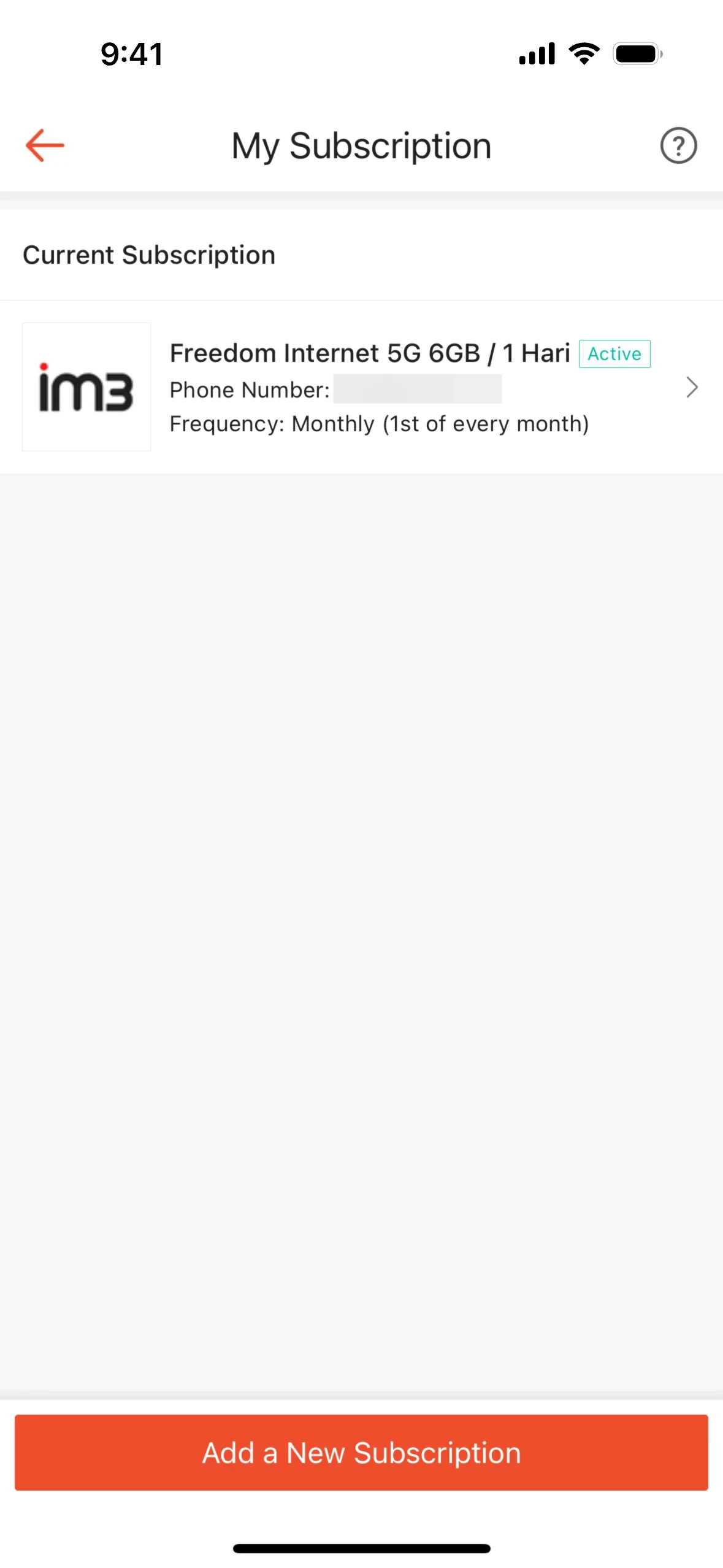 My Subscription list showing an Active IM3 Freedom Internet 5G 6GB / 1 Hari row billed monthly on the 1st, plus an orange Add a New Subscription button