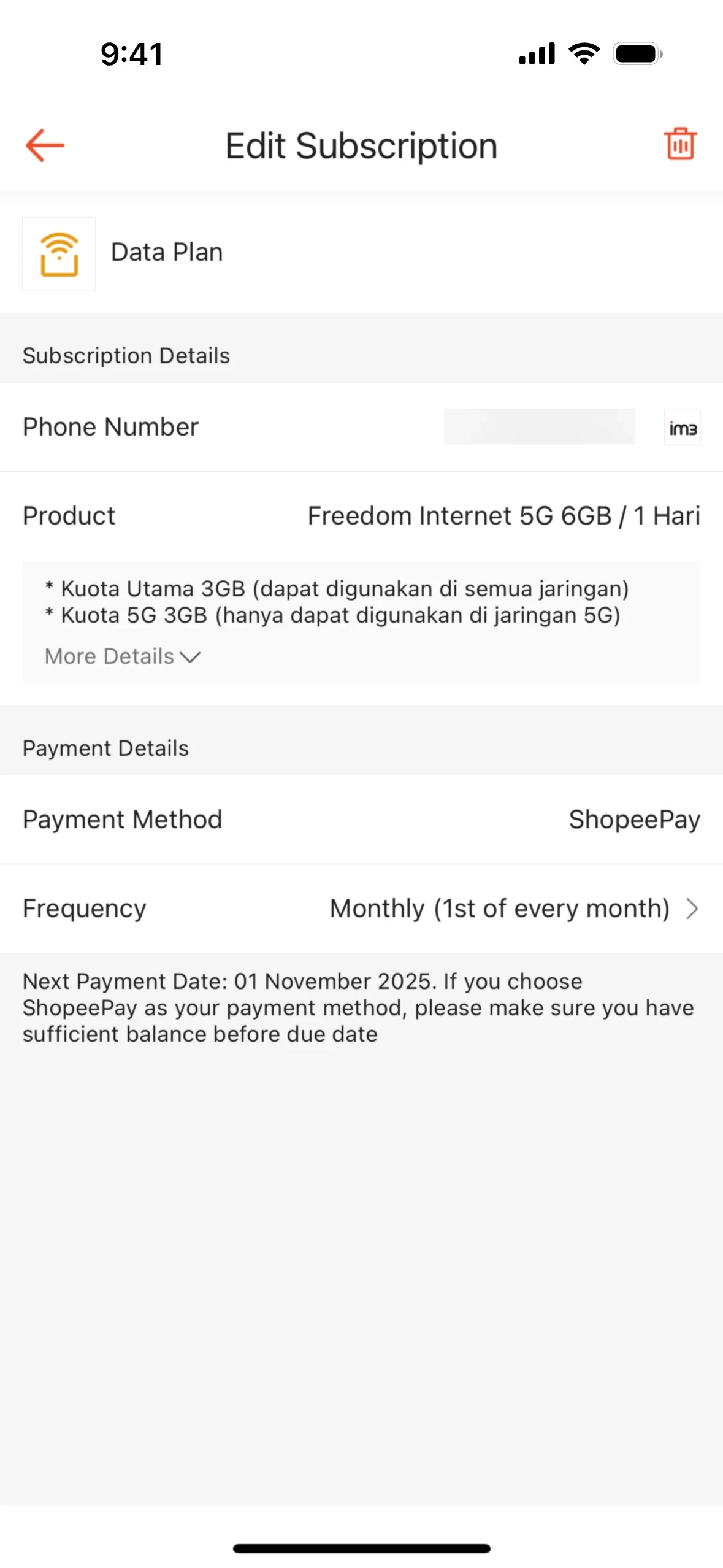 Edit Subscription for a Data Plan: IM3 Freedom Internet 5G 6GB / 1 Hari, payment method ShopeePay, frequency Monthly (1st of every month), Next Payment Date 01 November 2025, and a trash icon in the header
