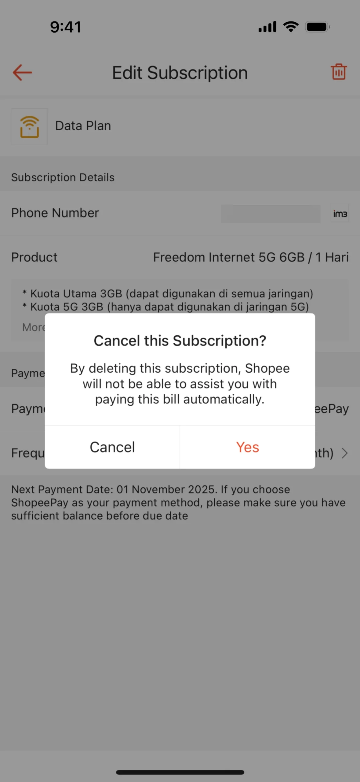 Cancel this Subscription? dialog on Edit Subscription, explaining that deleting it means Shopee will not pay the bill automatically, with Cancel and Yes buttons