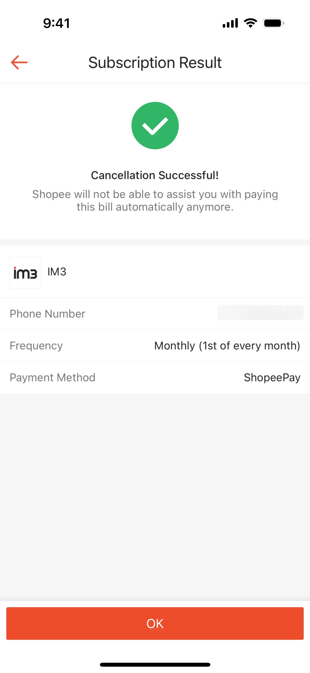 Subscription Result screen with a green check, Cancellation Successful!, copy that Shopee will not pay the bill automatically anymore, an IM3 recap, and an orange OK button