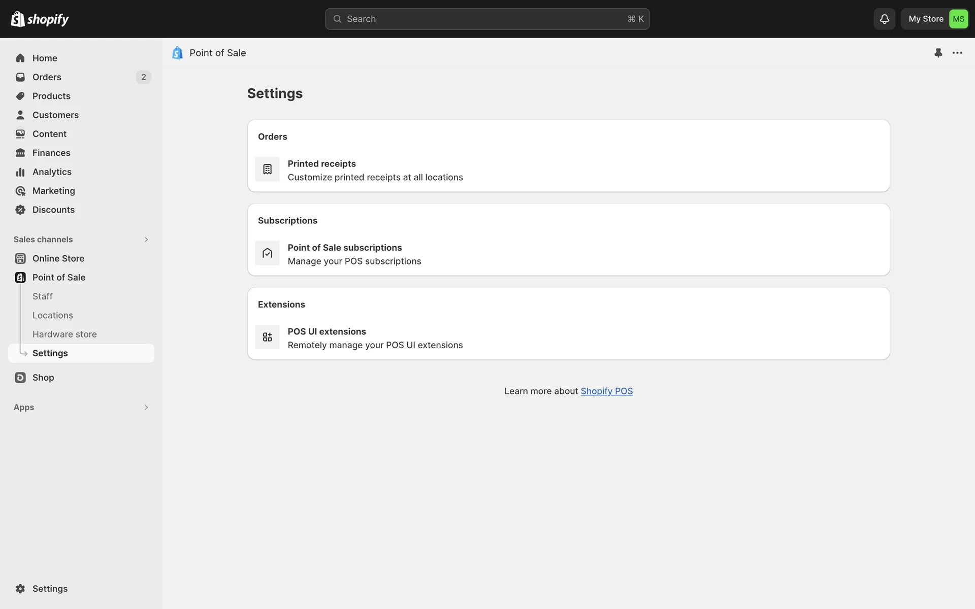 Shopify Point of Sale Settings page with a Subscriptions card labeled Point of Sale subscriptions and the description Manage your POS subscriptions
