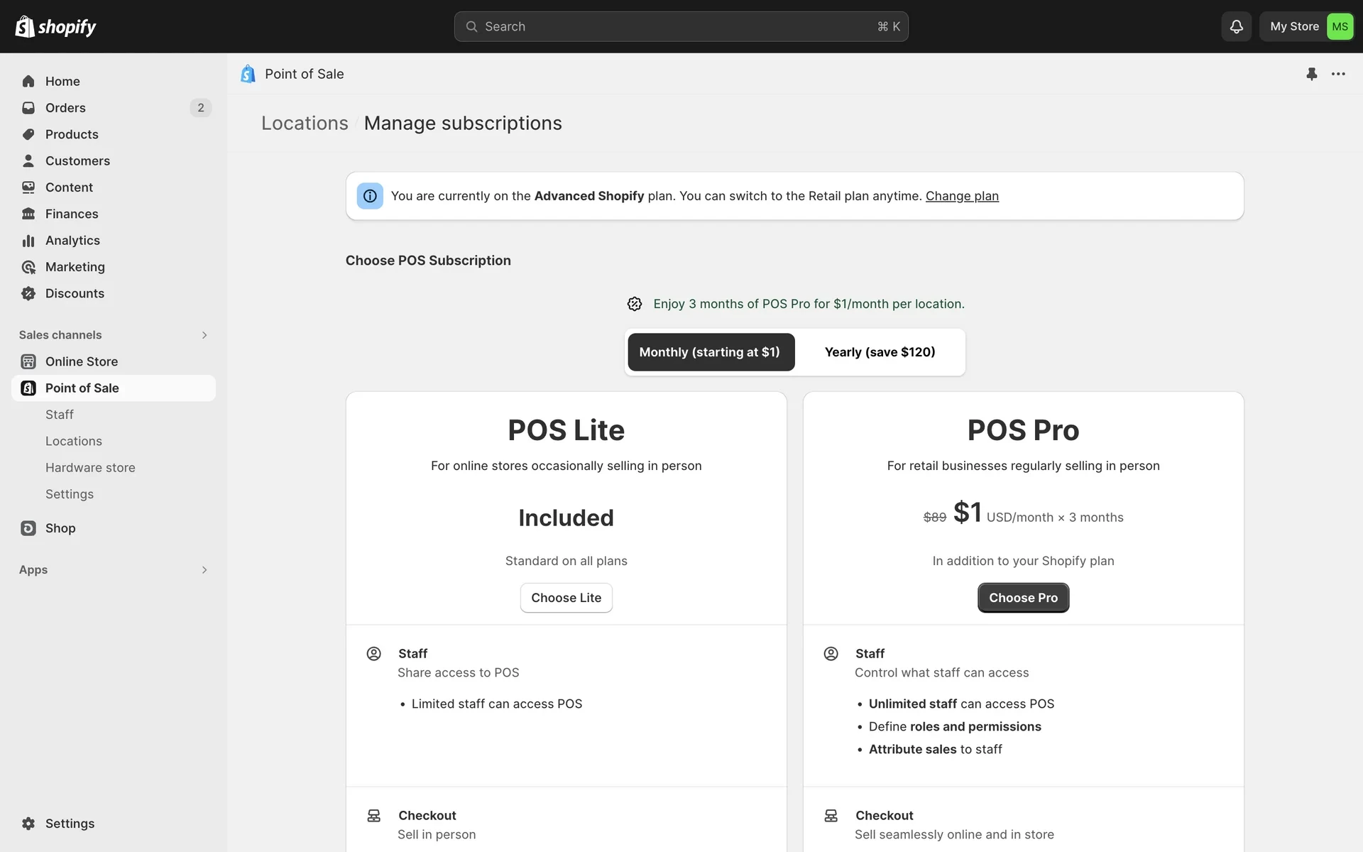 Choose POS Subscription screen on Monthly billing with POS Lite Included and a Choose Lite button next to a POS Pro card showing a promotional $1 USD/month offer and Choose Pro