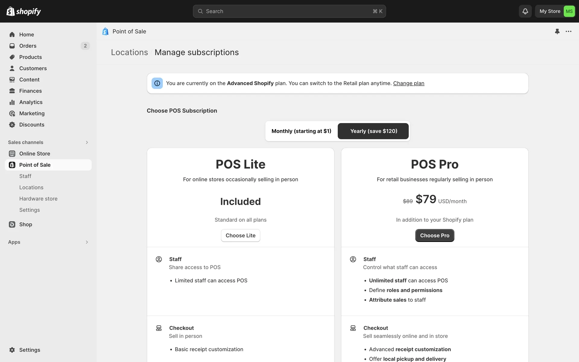 Choose POS Subscription screen with the Yearly toggle selected, POS Lite still Included with Choose Lite, and POS Pro showing a discounted monthly rate in addition to the Shopify plan