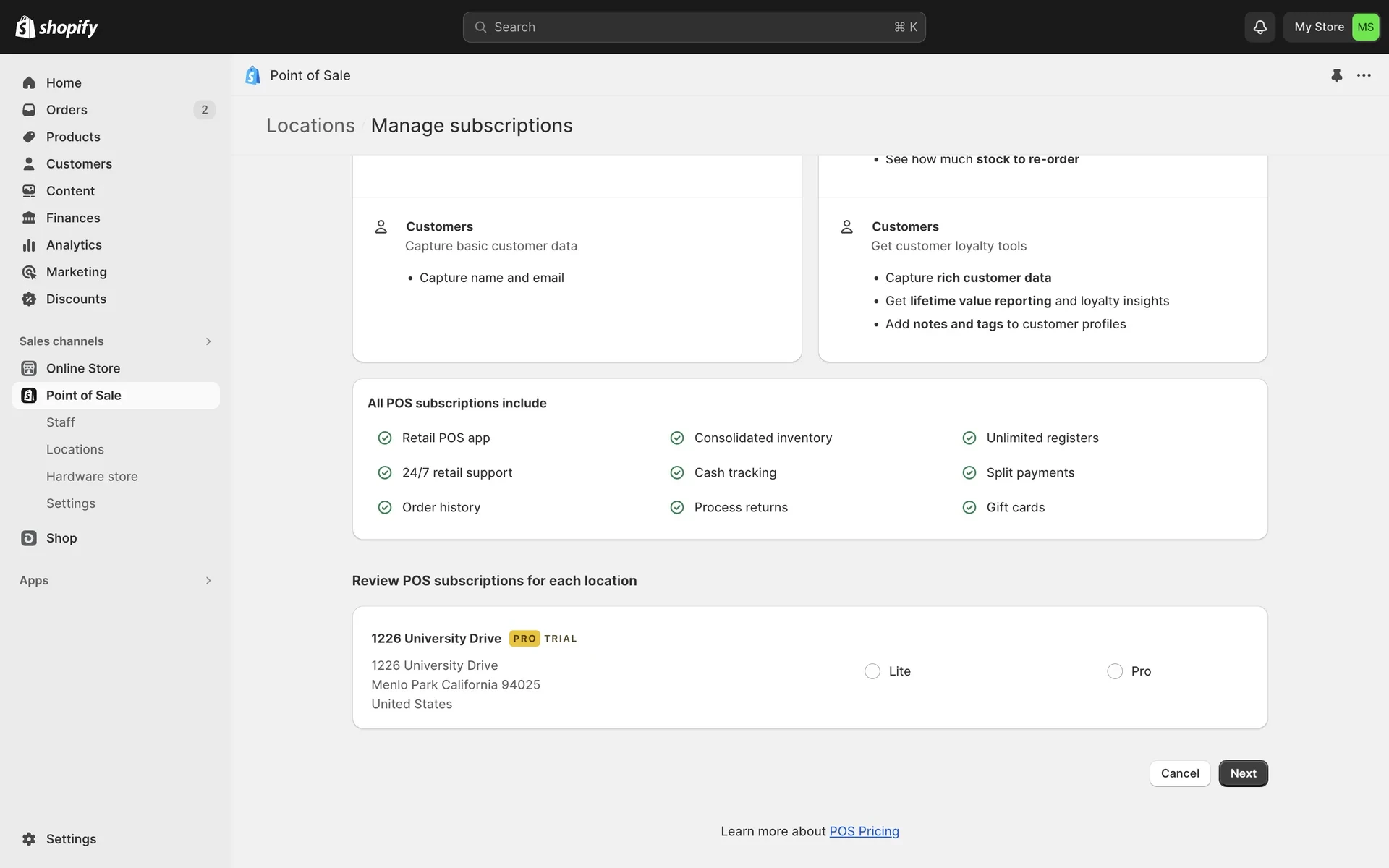 Review POS subscriptions for each location listing a Menlo Park address with gold PRO and TRIAL badges and Lite versus Pro radio options, with Cancel and Next buttons at the bottom