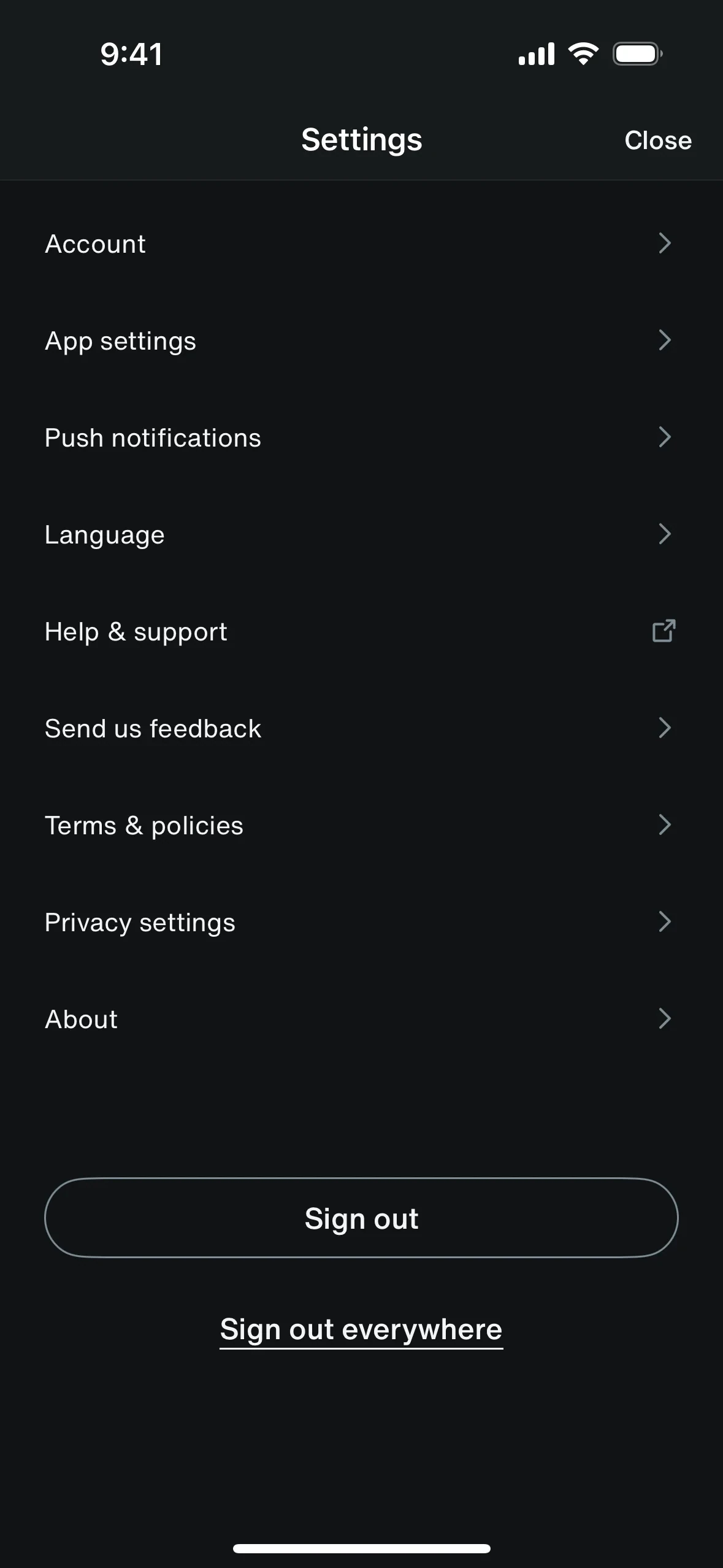 SiriusXM iOS Settings screen listing Account, App settings, Push notifications, and other rows, with Sign out at the bottom