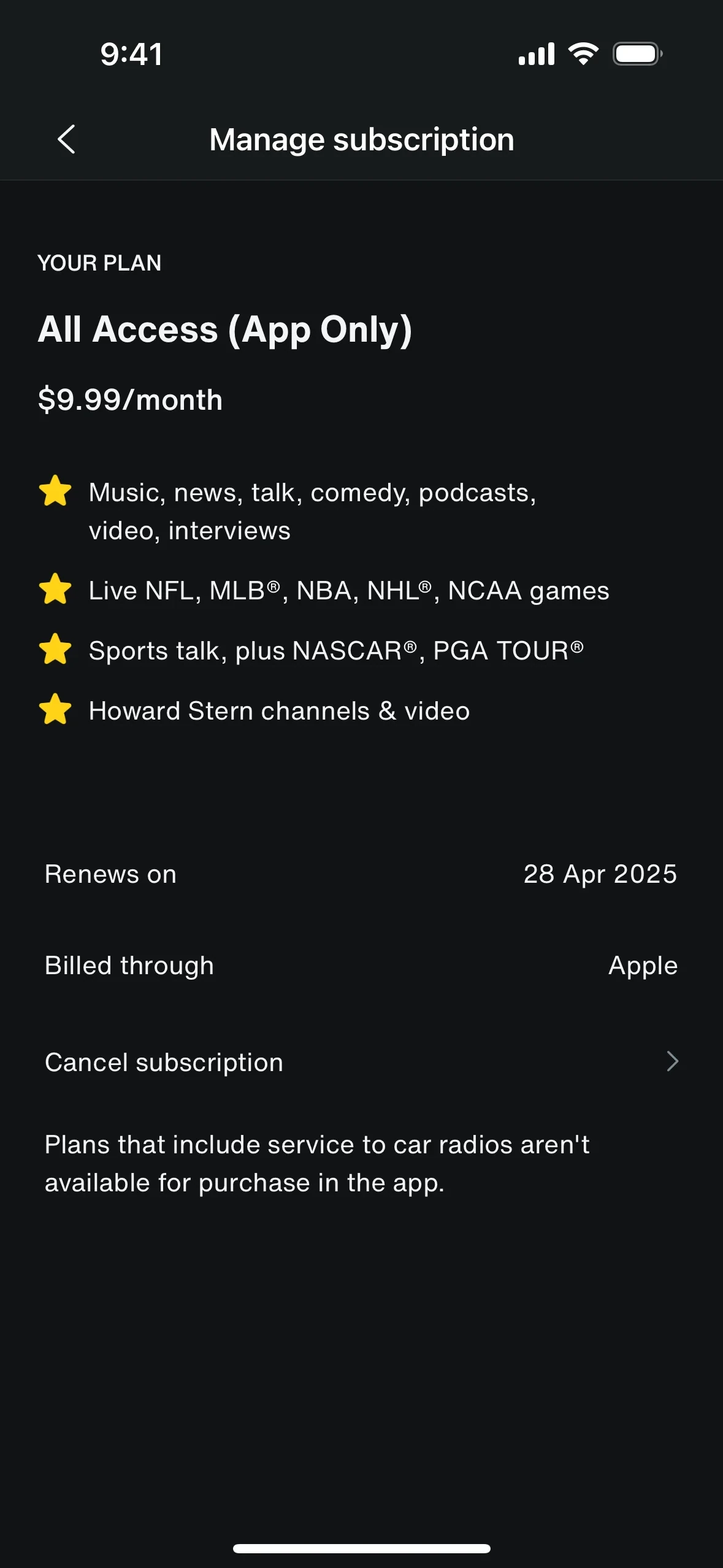 SiriusXM Manage subscription page for All Access (App Only) showing plan features, Renews on date, Billed through Apple, and the Cancel subscription row