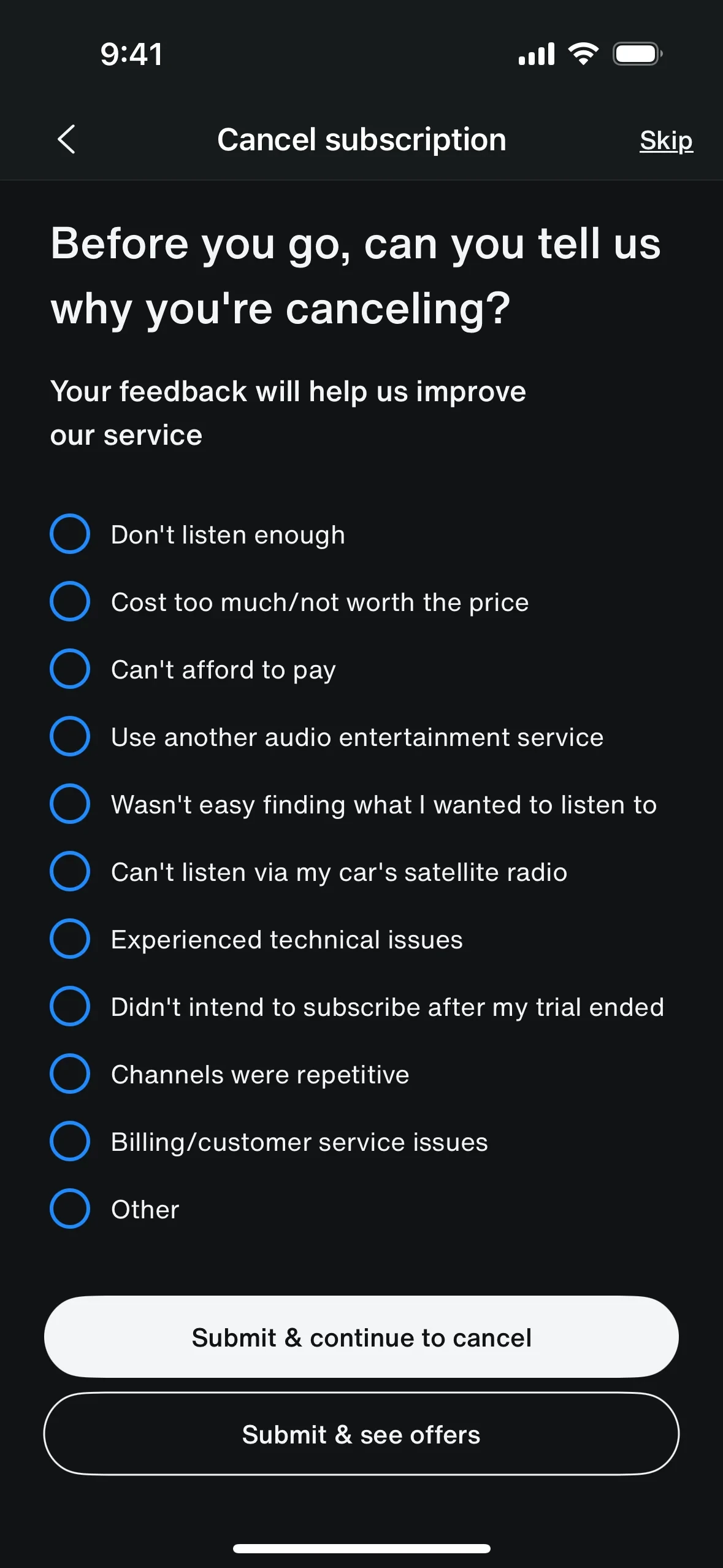 SiriusXM Cancel subscription survey titled Before you go, can you tell us why you're canceling, with radio reasons plus Submit & continue to cancel and Submit & see offers buttons