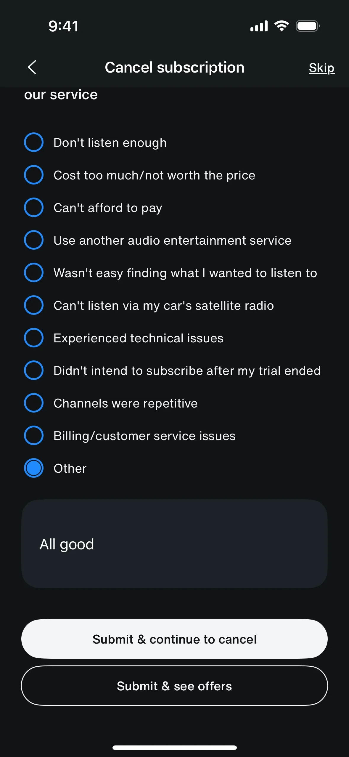 Cancel survey with Other selected, a filled Share your feedback field, and both Submit & continue to cancel and Submit & see offers buttons visible
