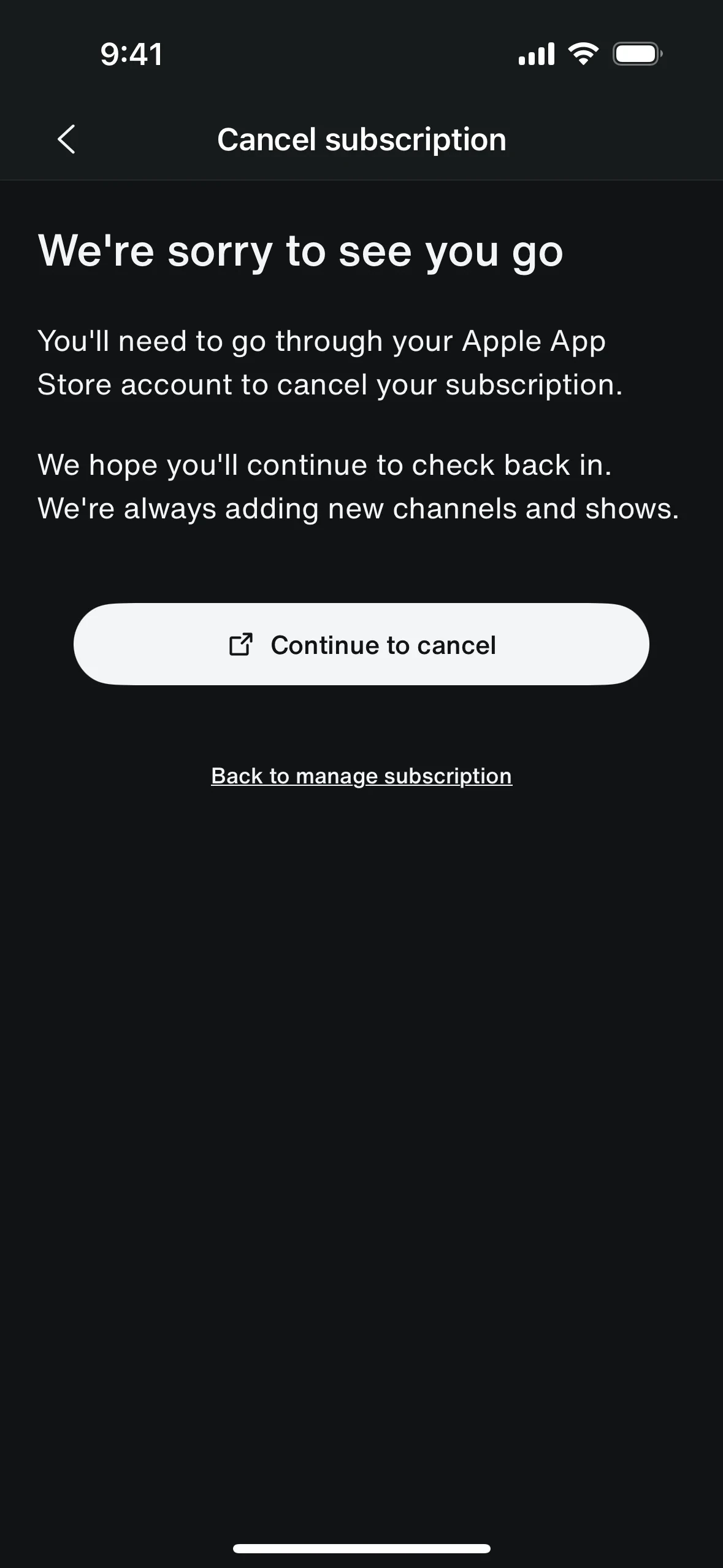 SiriusXM screen reading We're sorry to see you go with Continue to cancel linking out to the Apple App Store and a Back to manage subscription link