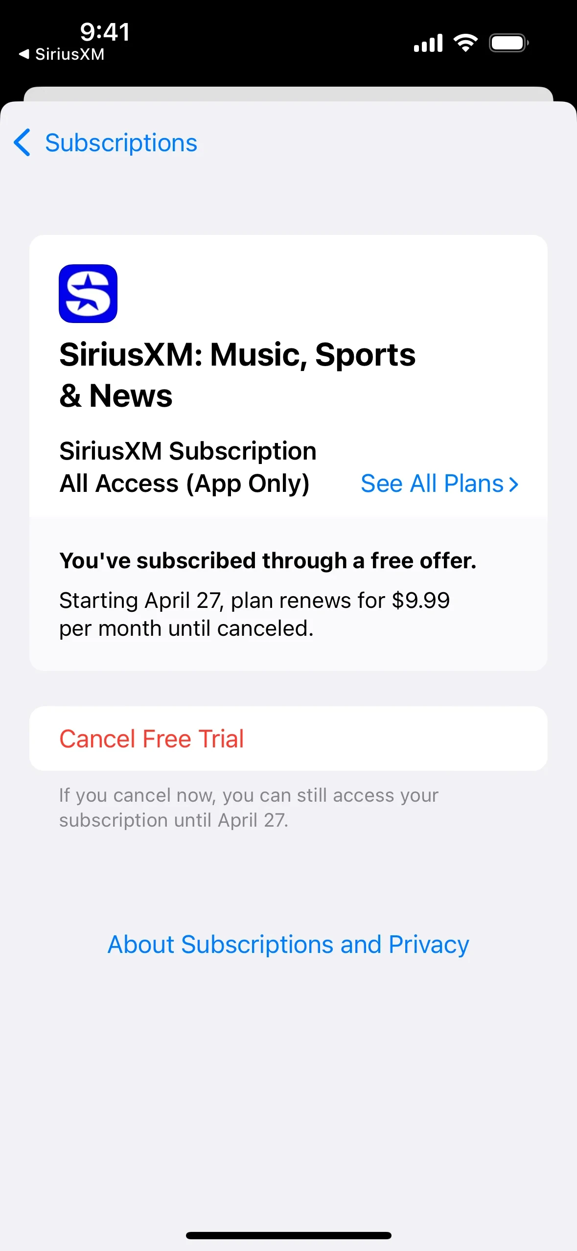 iOS Edit Subscription screen for SiriusXM All Access (App Only) showing a free-offer renewal notice and a red Cancel Free Trial button with access-until date text