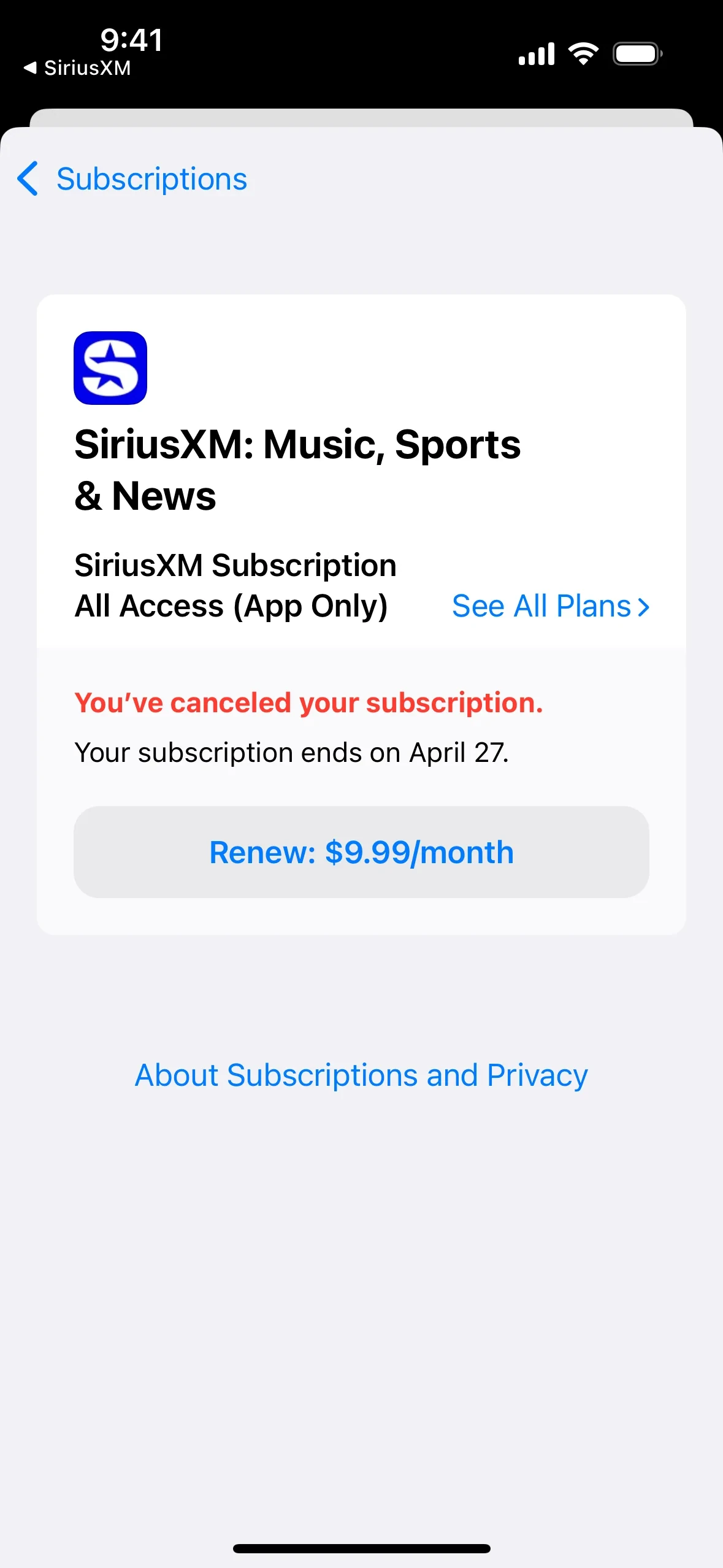 iOS Subscriptions confirmation for SiriusXM showing You've canceled your subscription, the end date, and a Renew button