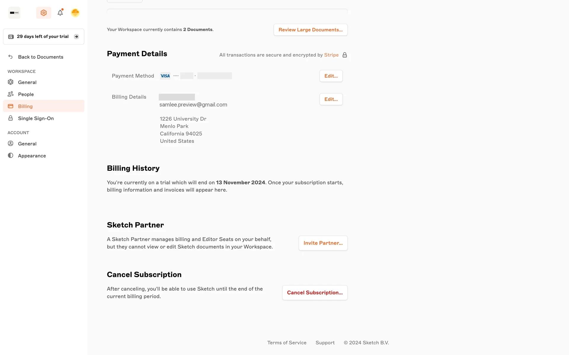 Sketch Billing page Cancel Subscription section stating you can use Sketch until the end of the current billing period, with a red Cancel Subscription… button