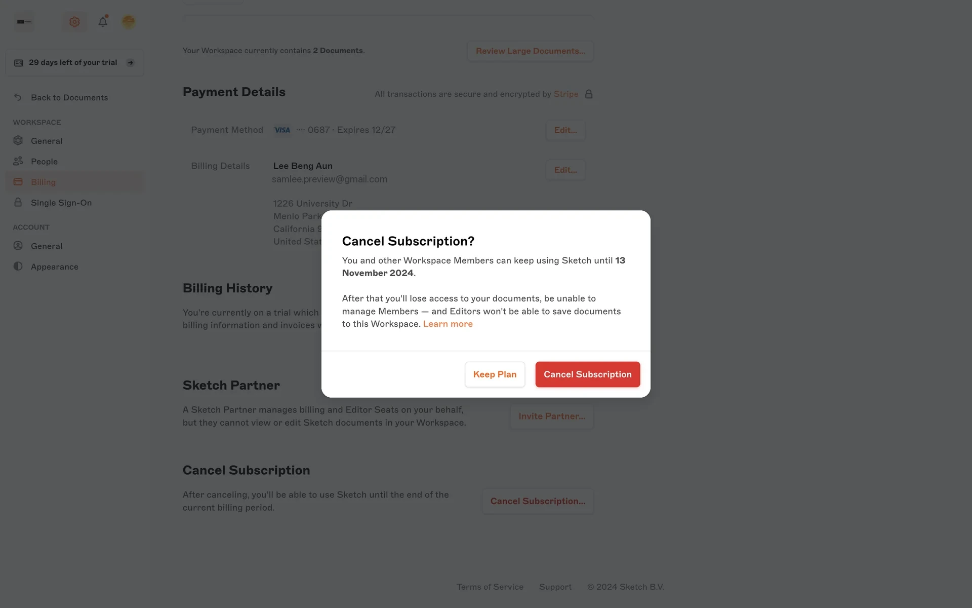 Sketch Cancel Subscription? confirmation modal showing the access-until date, a Keep Plan button, and a red Cancel Subscription button