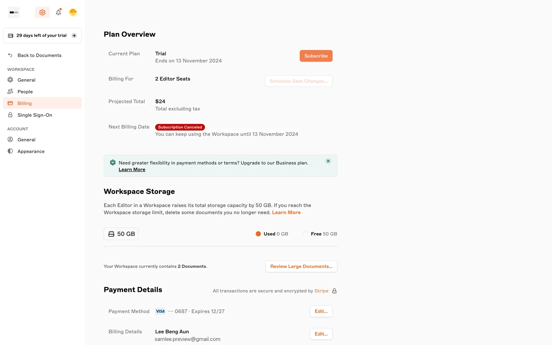 Sketch Billing plan overview after cancel showing Current Plan as Trial ending on the listed date, Next Billing Date with a red Subscription Canceled badge, and text that you can keep using the Workspace until that date