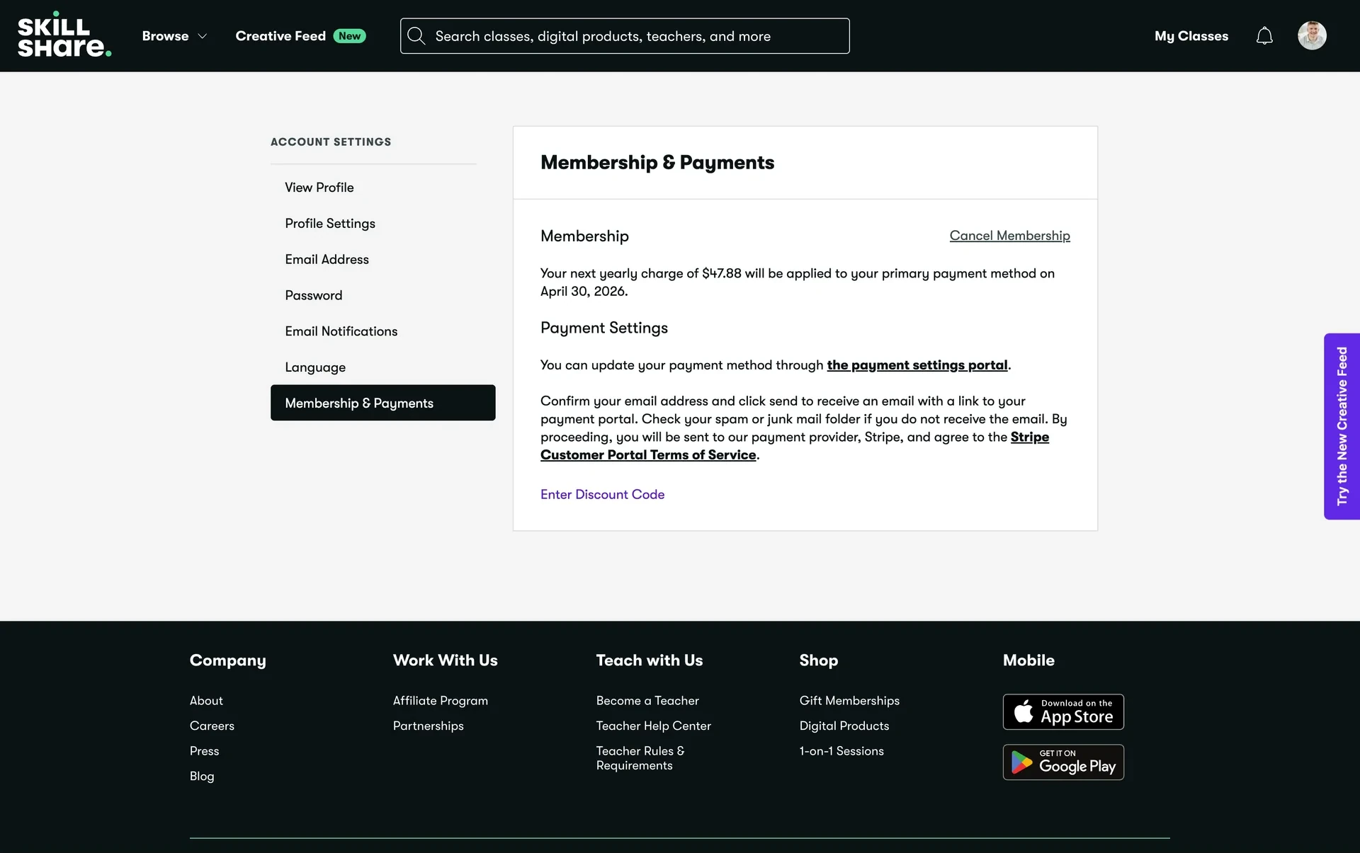 Skillshare Membership & Payments settings page showing the next yearly charge and date with a Cancel Membership link in the top-right of the Membership box
