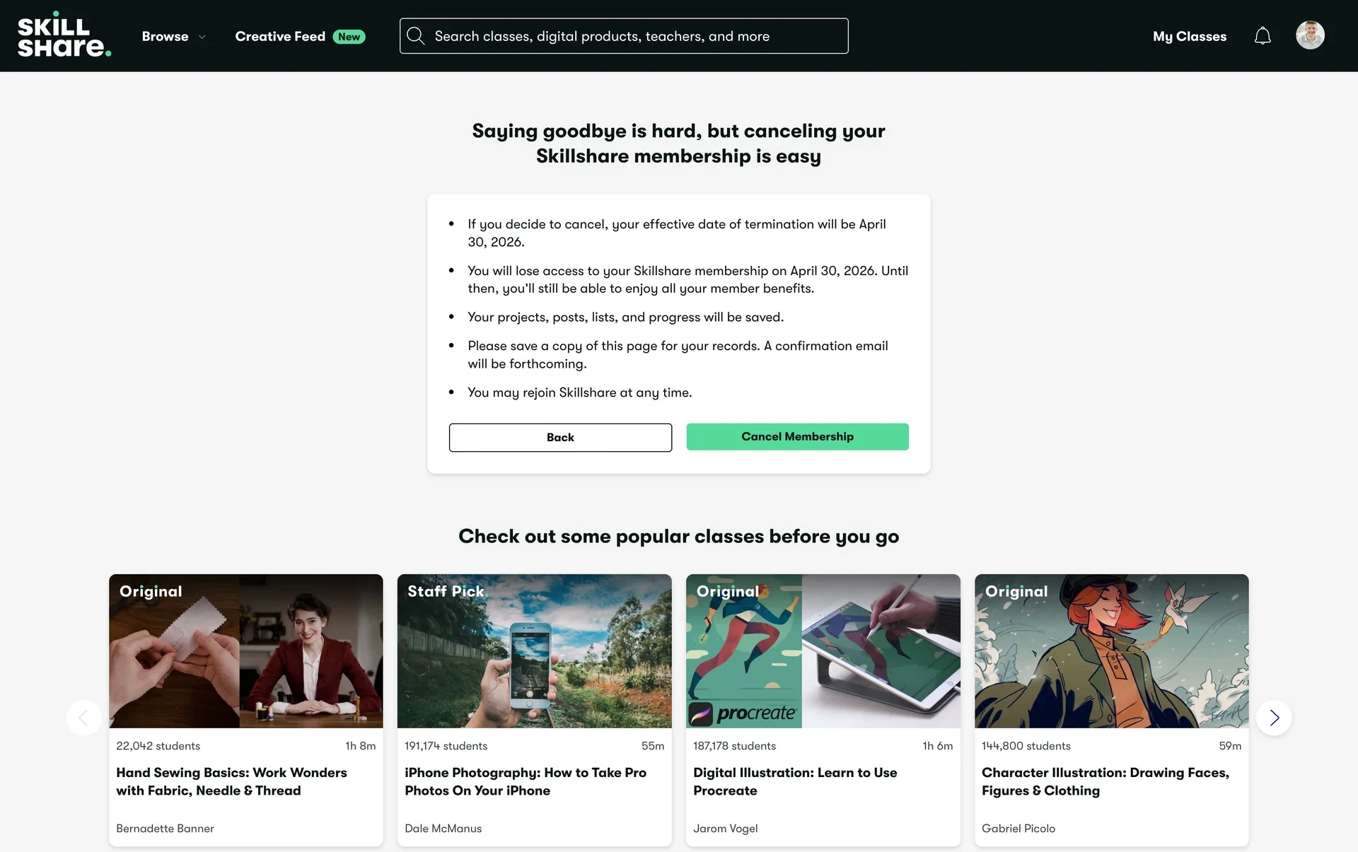 Skillshare confirmation page listing the termination date and saved-progress notes, with a white Back button and a green Cancel Membership button