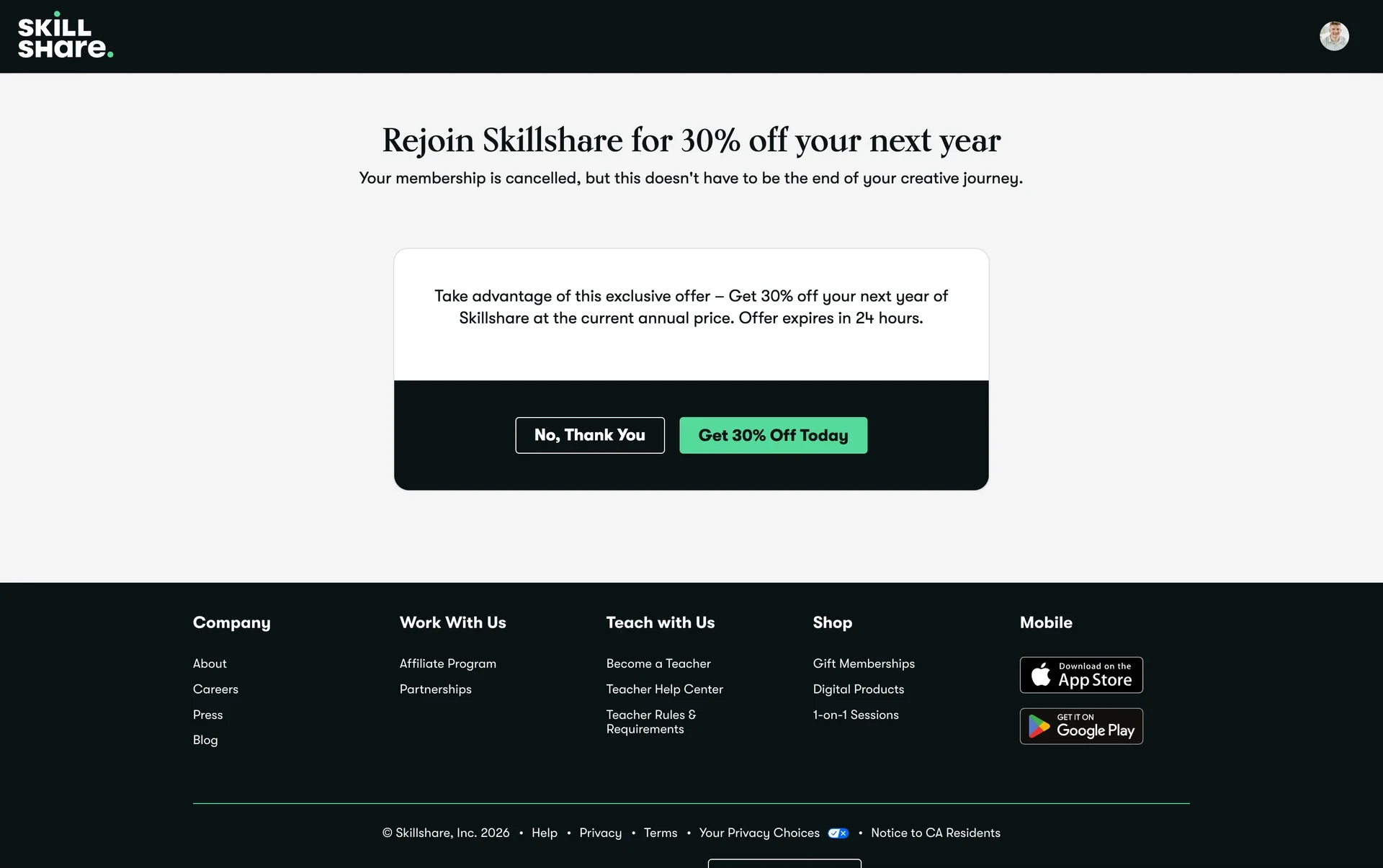 Skillshare Rejoin for 30% off your next year offer with a No, Thank You button and a green Get 30% Off Today button