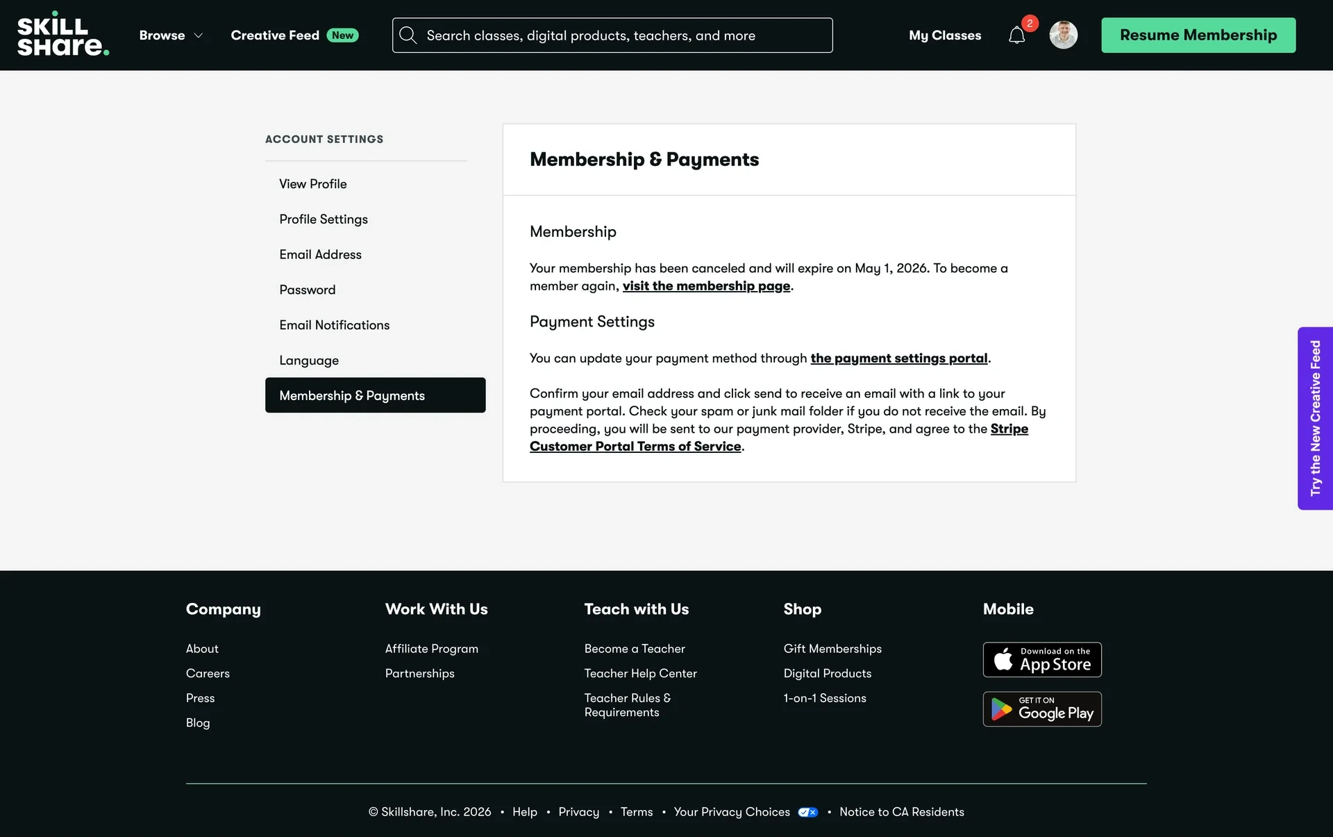 Skillshare Membership & Payments page reading "Your membership has been canceled and will expire on May 1, 2026" with a Resume Membership button in the top nav